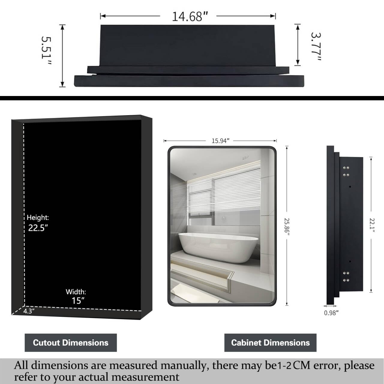 Farmhouse Black Framed Recessed Mount Bathroom Medicine Cabinet with 16
