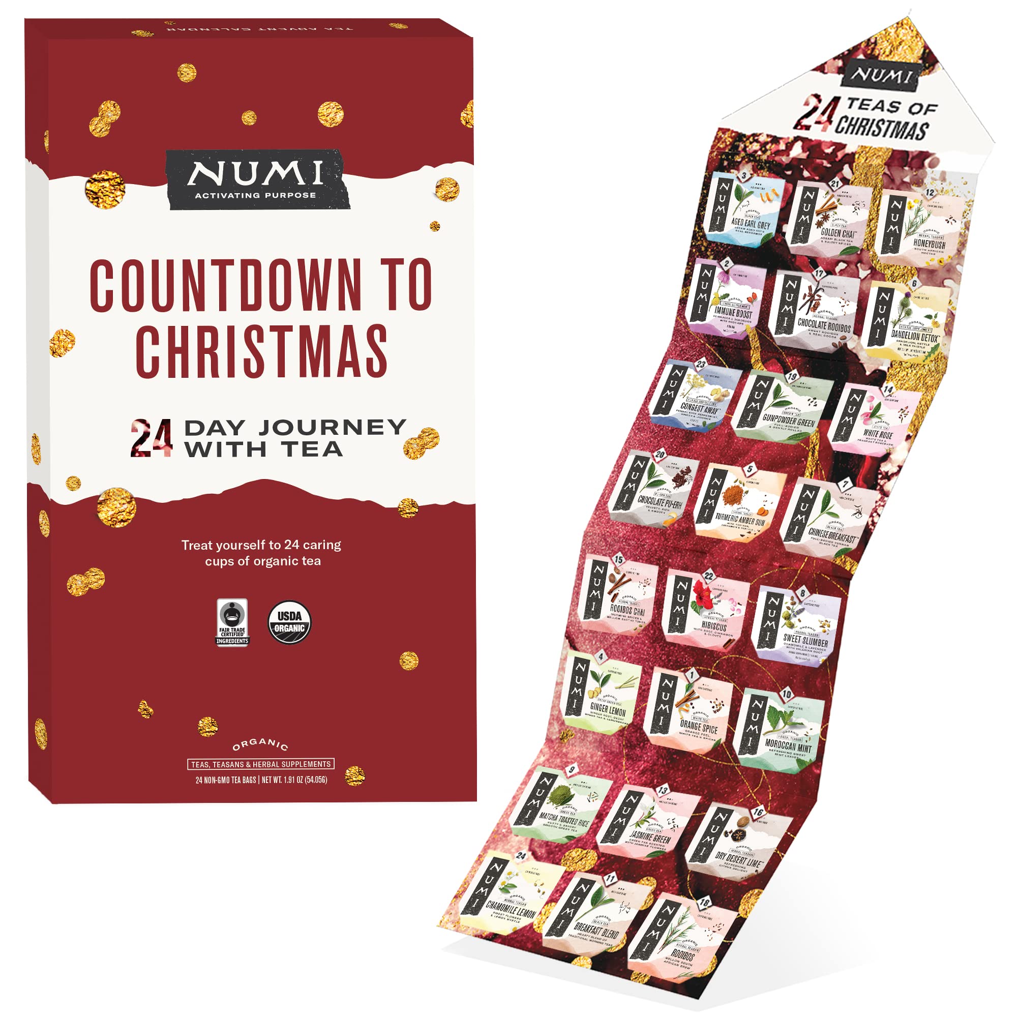 Numi Organic Tea Advent Calendar 2024 - 24 Holiday Tea Bags for Christmas Countdown | Premium Organic Herbal & Black Tea Gift Set | Perfect for Holiday Gifting, Cozy Winter Nights & Festive Celebrations
