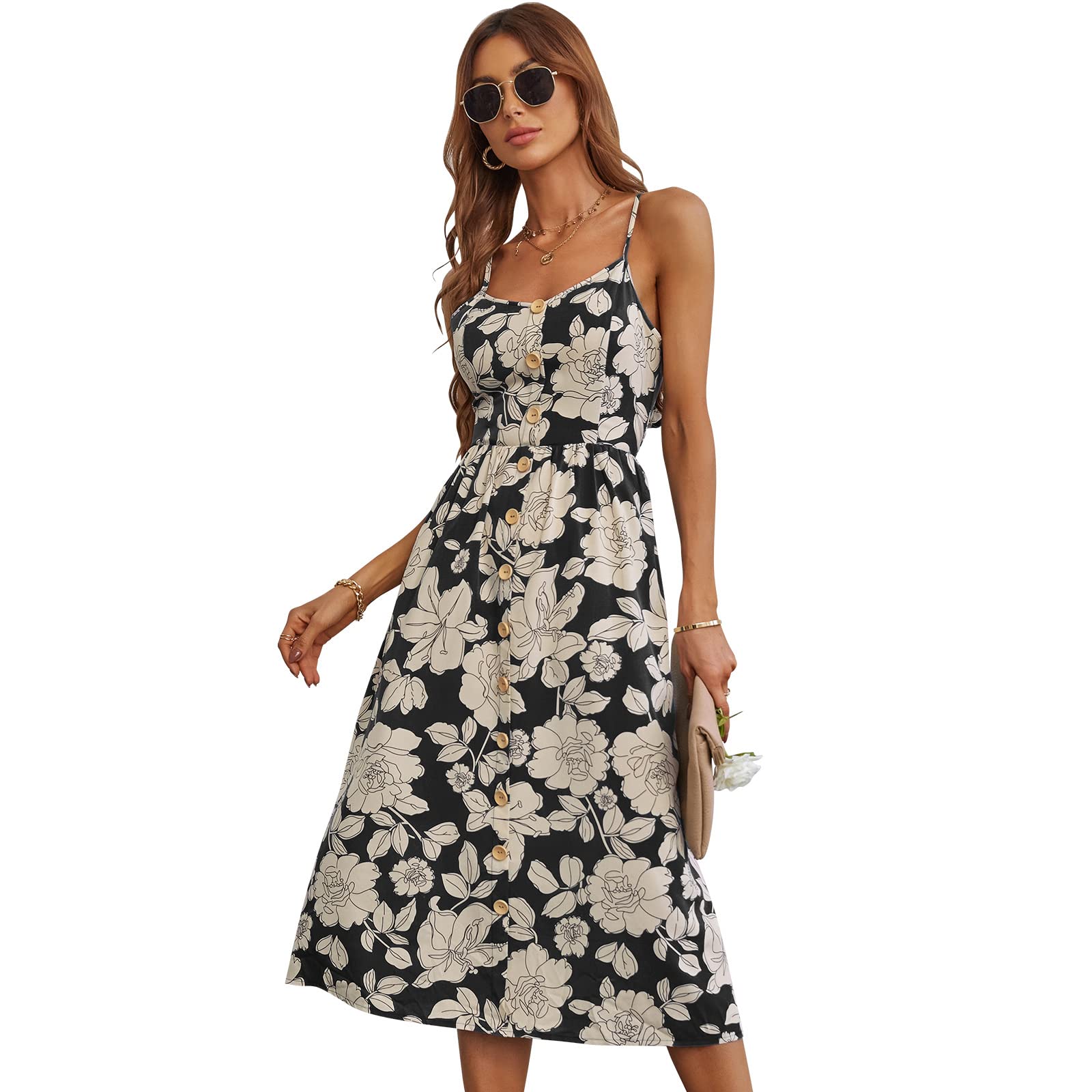 Women's Floral Print Spaghetti Strap Button Down Midi Sundress - Sexy Back Cut Out with Bowknot - Flowy Beach Dress for Summer Vacation (XL, Black) | Perfect for Tropical Getaways, Pool Parties & Date Nights