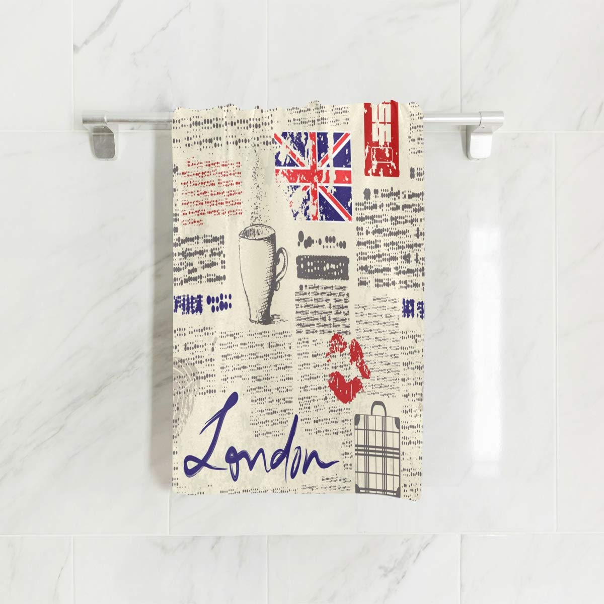 British Flag Print Vintage Newspaper Style Soft Bath Towel - 30x15 Inches for Spa, Hotel, Gym & Sports - Premium Cotton UK London Design