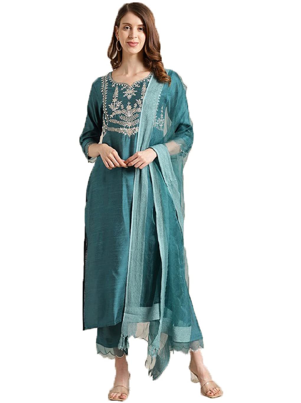 Stylish Indian Women's Silk Blend Kurti Kurta Palazzo Set with Dupatta - Elegant Party Wear & Festive Occasion Outfit for Weddings, Diwali & Special Events