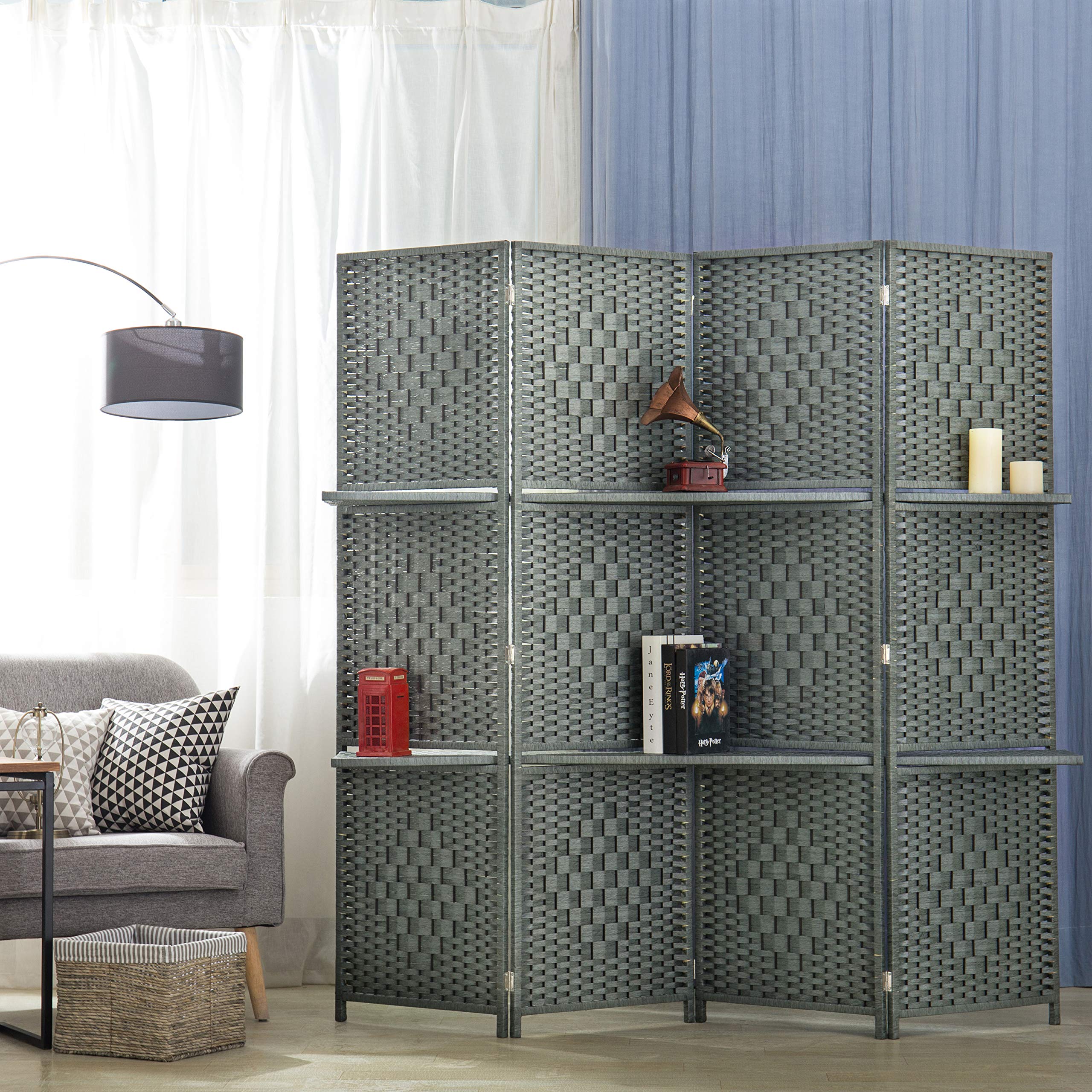 MyGift 6-Foot Gray Bamboo Woven 4-Panel Room Divider with 2 Shelves - Stylish Space Separator for Home Office, Living Room & Bedroom Privacy