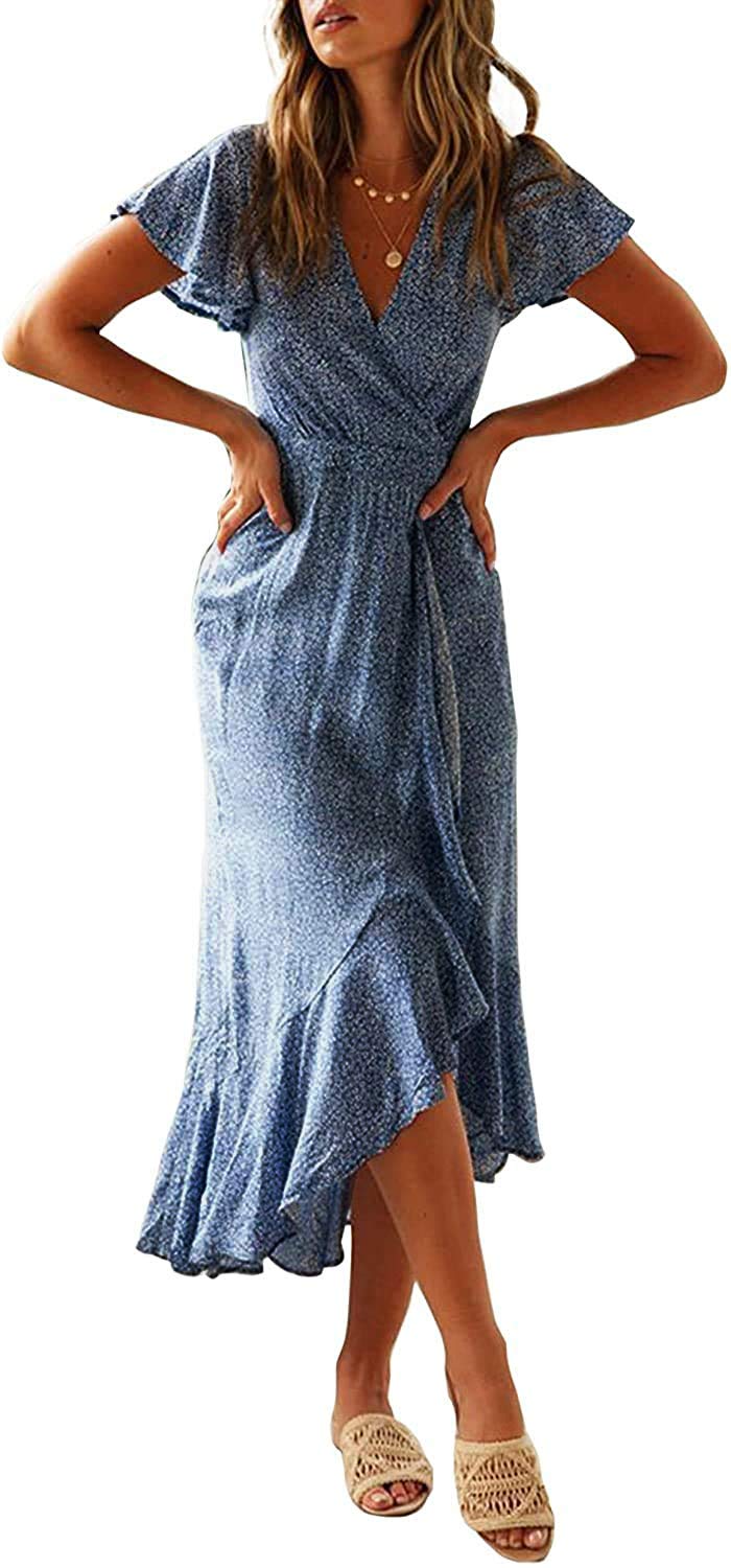 ZESICA Women's 2025 Bohemian Floral Printed Wrap V-Neck Short Sleeve Split Maxi Dress for Beach Party, Summer Vacation & Casual Outings