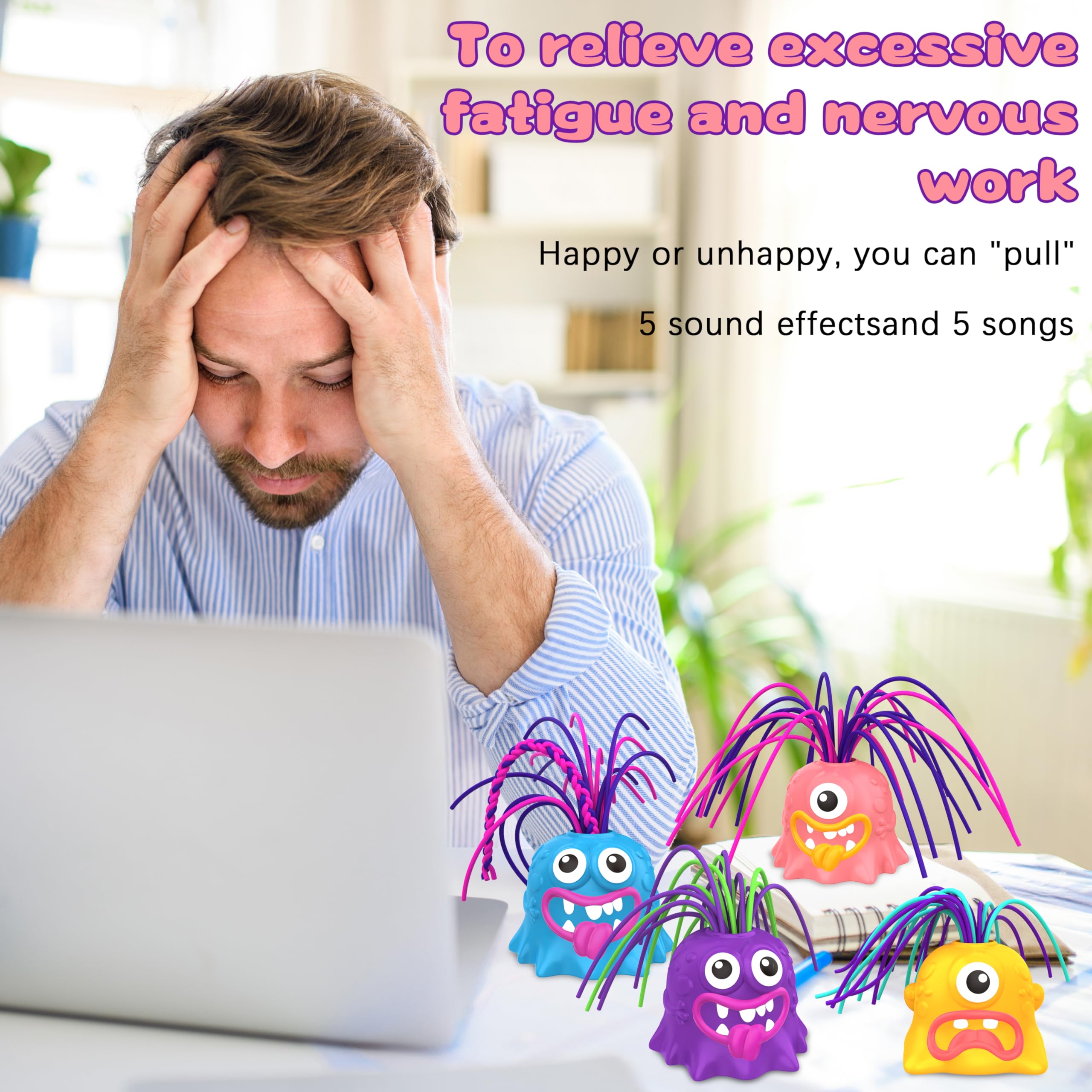 4PCS Fun Hair Pulling Fidget Screaming Monster Toys - Stress Relief & Anti-Anxiety Sensory Toys for Kids & Teens - Easter Basket Stuffers, Birthday Gifts for Boys & Girls Ages 3-7+ (Great for Classroom, Travel & Sensory Play)