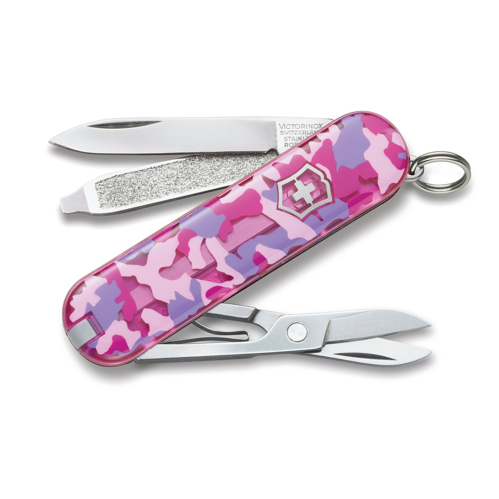 Victorinox Classic SD Swiss Army Knife - 7-in-1 Multi-Tool with Small Blade, Screwdriver & Key Ring | Compact Pink Camouflage Design | Swiss Made for Everyday Carry (EDC), Outdoor Adventures & Gift Giving
