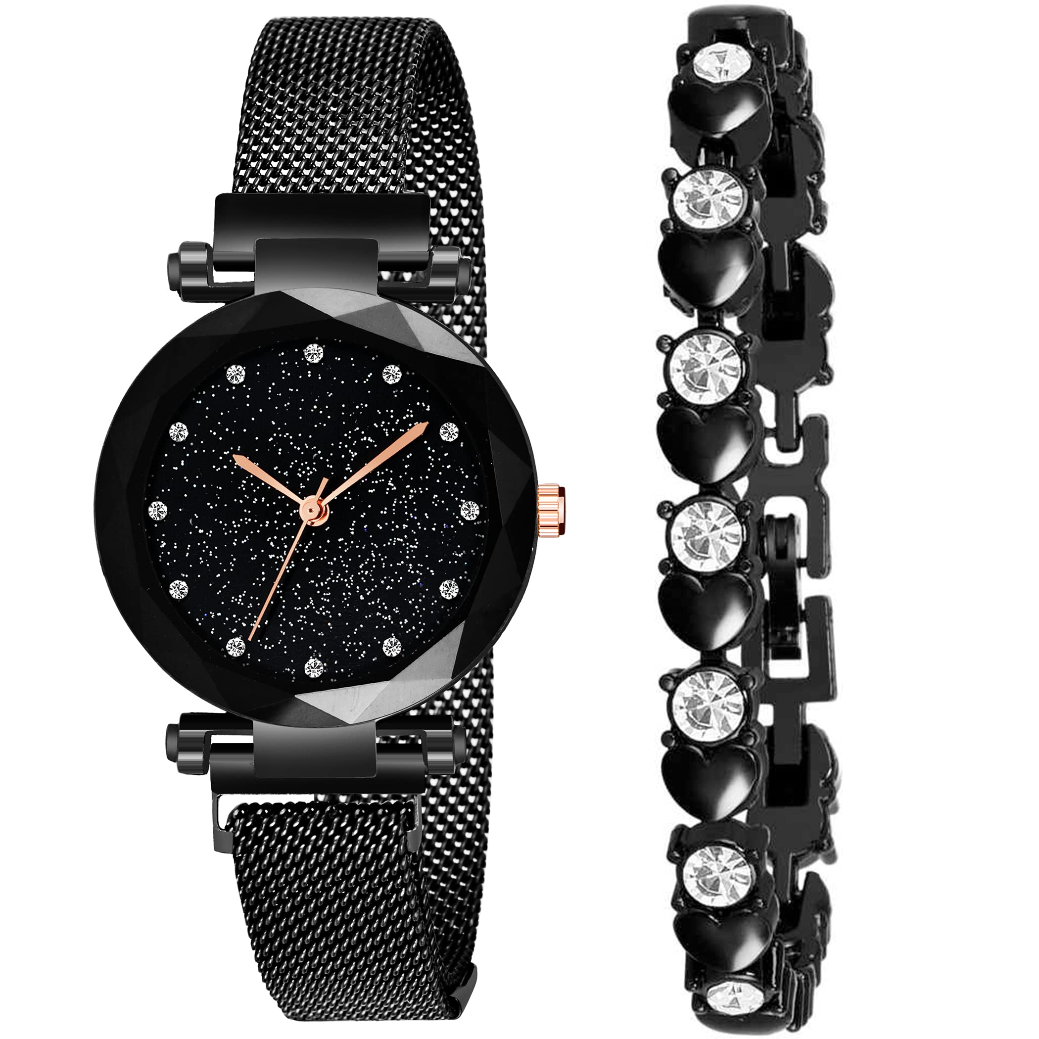Stylish Analog Black Dial Magnetic Watch with Heart Bracelet for Women & Girls - Perfect for Casual Wear, Office & Date Nights