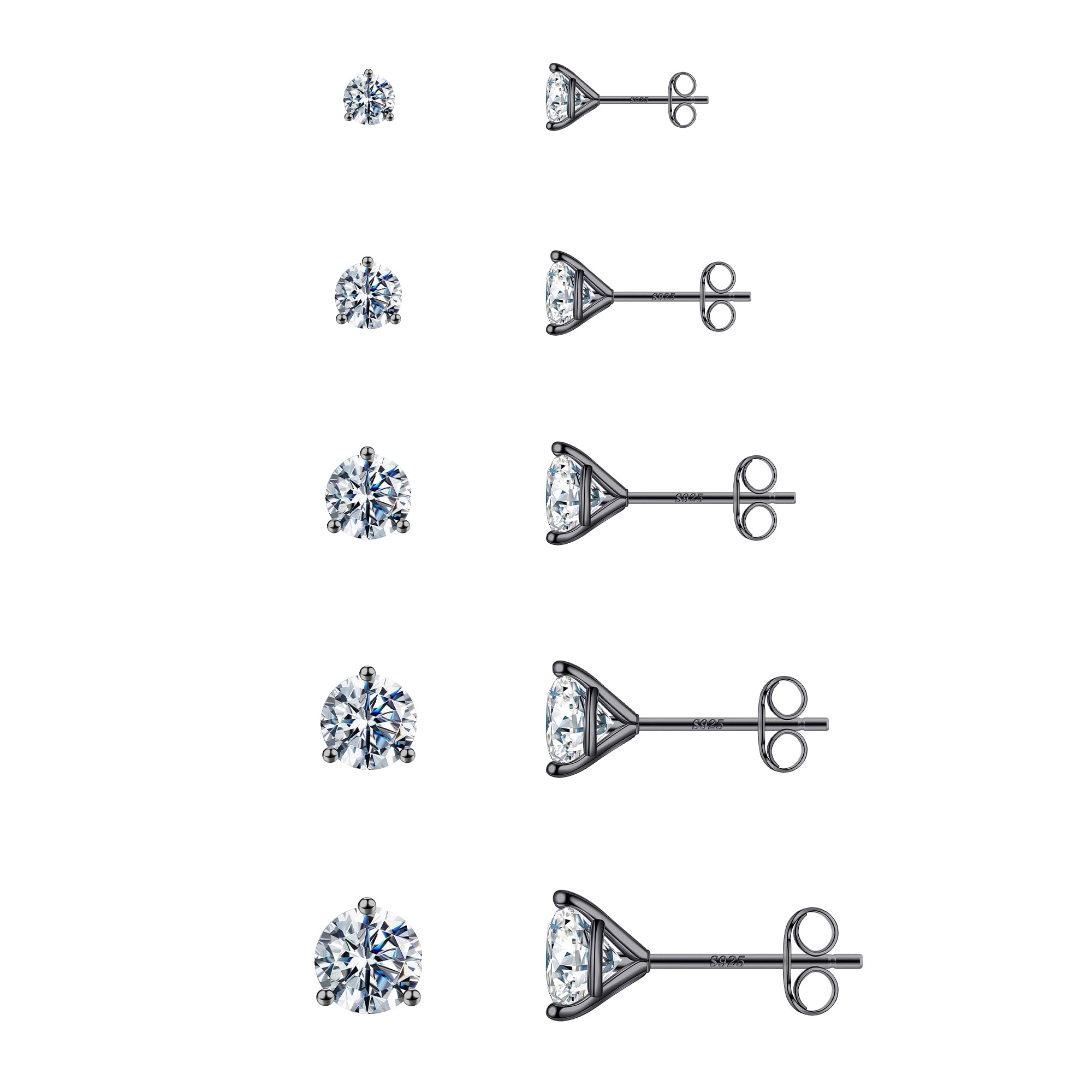 Hypoallergenic S925 Sterling Silver Stud Earrings for Women & Men - Round Cubic Zirconia Earrings Set (3/5 Pairs) in Gold/Silver/Rose Gold/Black | Perfect for Everyday Wear, Gift Giving & Special Occasions