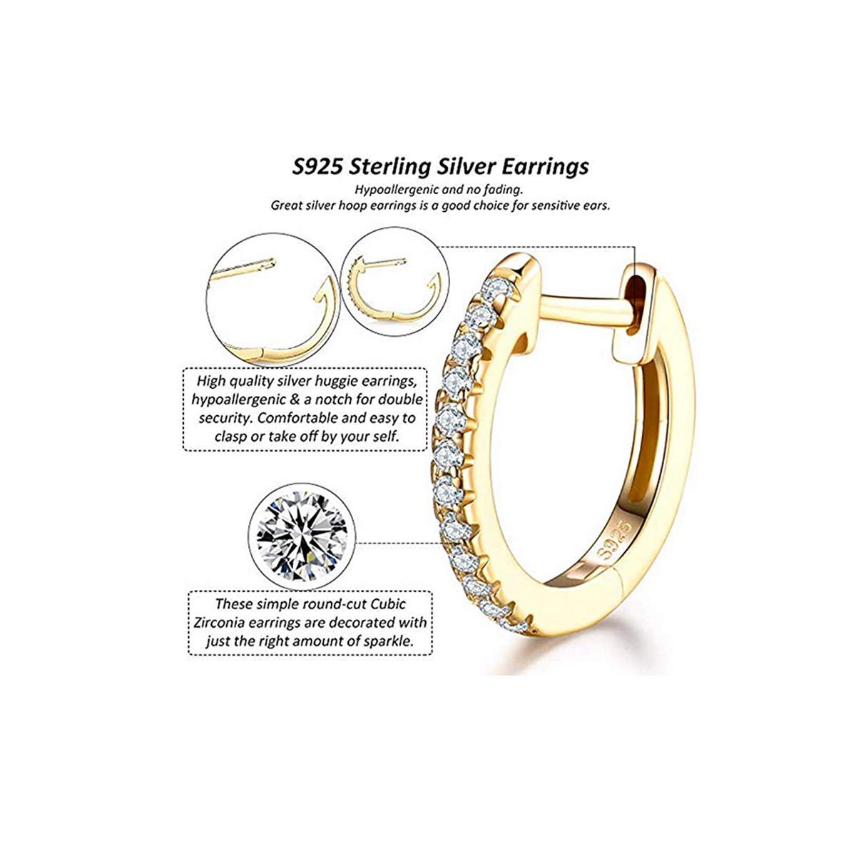 925 Sterling Silver White Rose Gold Plated Hoop Earrings with Cubic Zirconia - Huggie Stud Cuff Earrings for Women (White Gold) | Elegant Everyday Wear, Gift for Her, Party & Wedding Jewelry