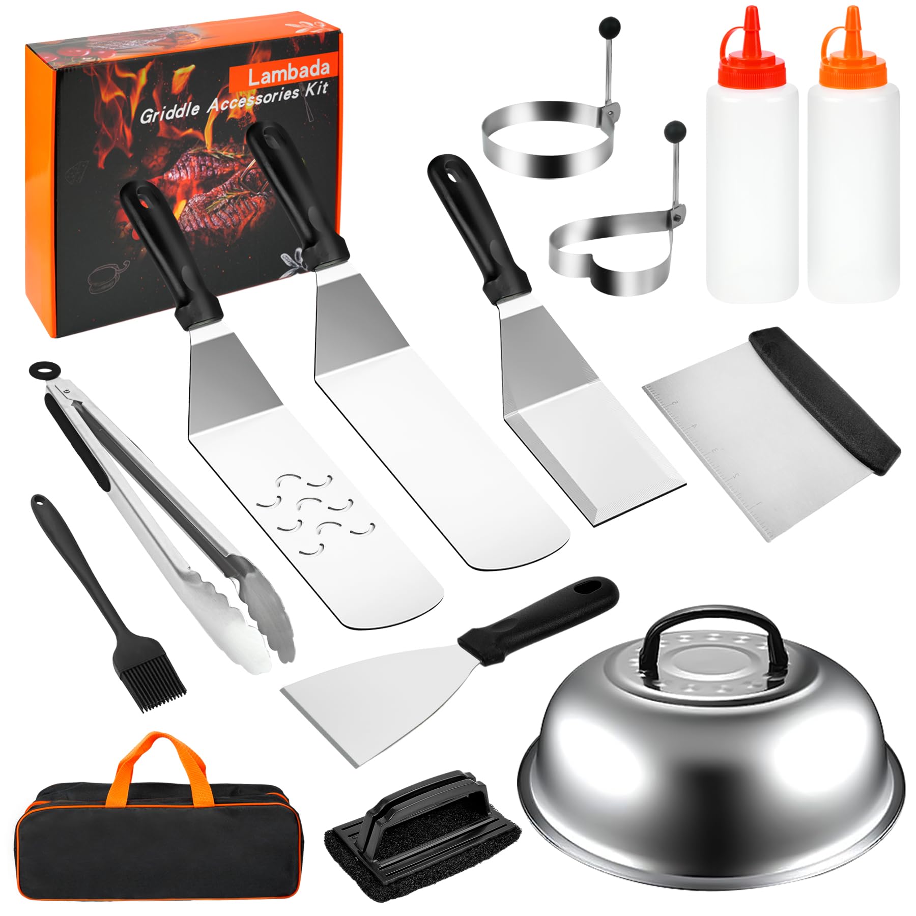**14-Piece Flat Top Grill Accessories Kit for Blackstone & Camp Chef – Spatula, Scraper, Basting Cover – Perfect for Outdoor BBQ, Camping & Backyard Grilling**