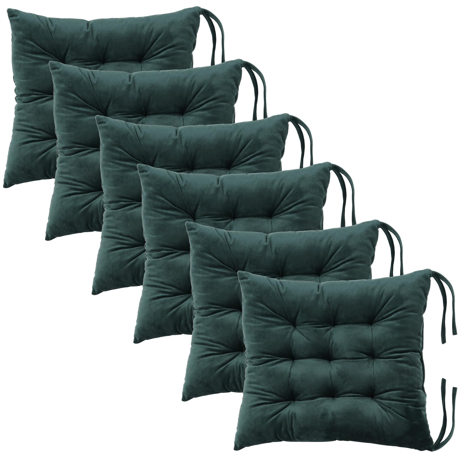6 Pack Square Seat Cushions - Soft Velvet Chair Pads with Ties for Kitchen, Dining, Office & Living Room - 15.5 Inch Dark Green Pillow Cushions - Perfect for Home Decor, Comfortable Seating & Tatami Style Chairs