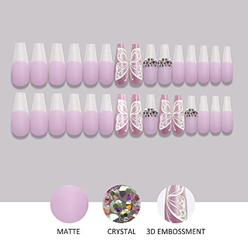 30 PCS Long Coffin Press on Nails - French Matte False Nails with Rhinestones & 3D Butterfly Designs | Full Cover Stick on Nails for Women & Girls (Purple) | Perfect for Parties, Weddings, and Special Occasions