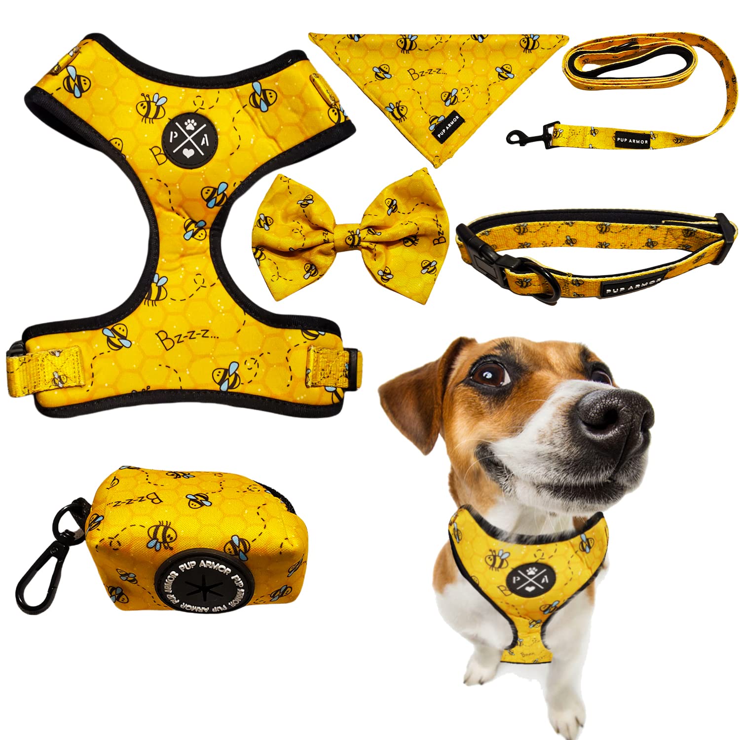 Pup Armor 6-in-1 Dog Starter Kit - Stylish Harness, Collar, Leash, Bandana, Bow & Waste Bag Carrier for Small Medium Large Dogs - Perfect for Walking, Training & Outdoor Adventures