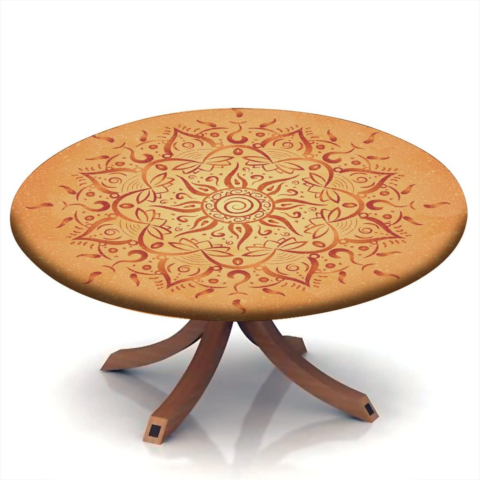 Boho Round Tablecloth - Elastic Edged Fitted Cover for 24 Inch Tables - Waterproof, Oil Proof & Stain Resistant - Orange - Perfect for Outdoor Dining, Picnics & Boho Home Decor