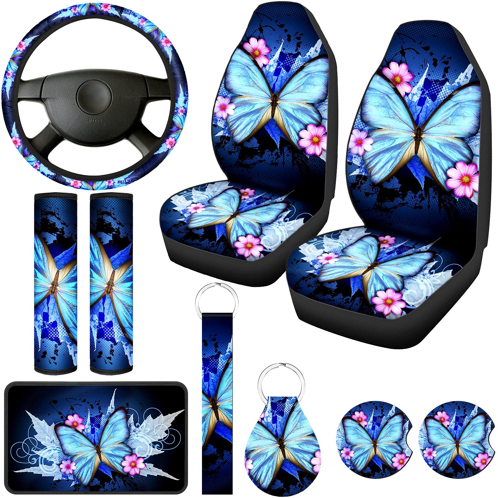 Butterfly Car Seat Covers Set for Women - Universal Fit for Auto & SUV - Includes Steering Wheel Wrist Strap, Armrest & Seatbelt Covers, Keychain - Bright Style Car Interior Accessories - Perfect for Daily Commute, Road Trips & Gift Giving