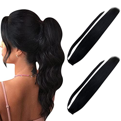 20 & 22 Inch Jet Black Human Hair Ponytail Extensions - Silky Straight Real Hair Wrap Around Ponytail for Black Women | Perfect for Daily Wear, Parties & Special Occasions