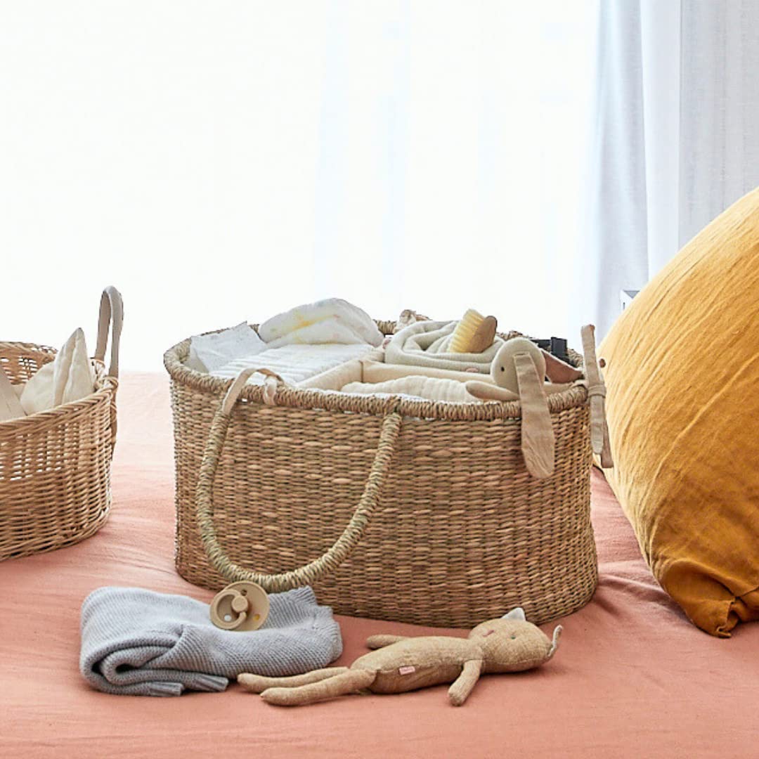Premium Baby Diaper Caddy Organizer - Handwoven Seagrass Storage Basket with Cotton Divider | Award-Winning Nursery Organization Solution | Perfect for Baby Showers, Nursery Decor & Diaper Storage (ROSA)