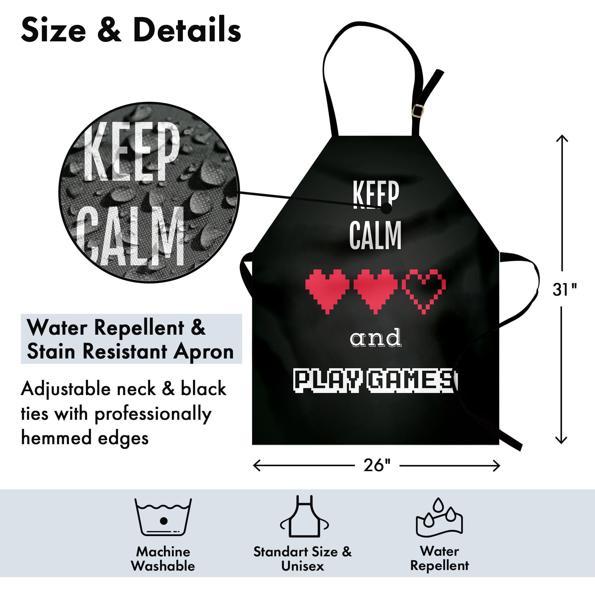 Lunarable Gamer Apron - Keep Calm & Game On Video Game Themed Kitchen Bib with Adjustable Neck - Unisex Cooking & Gardening Apron for Adults - Charcoal Grey & Vermilion Ombre Design - Perfect for Gaming Parties, BBQ Cooking & Indoor Gardening