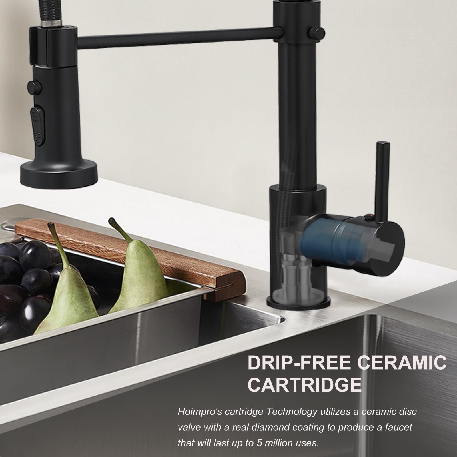 Hoimpro Matte Black Spring Kitchen Faucet with Pull Down Sprayer - 3 Function Single Handle RV Laundry Sink Faucet for RV, Camper, and Tiny Home Kitchen Renovation