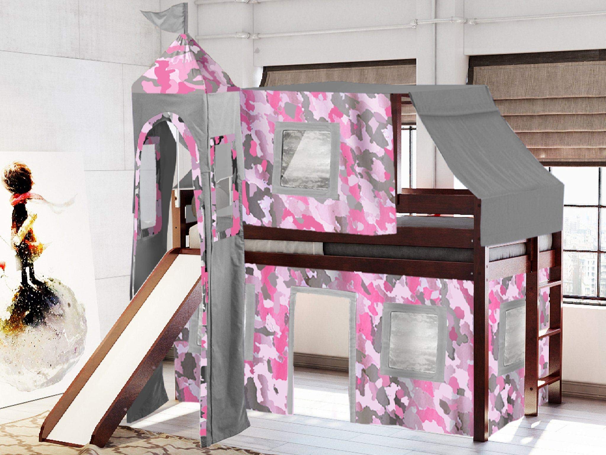 Princess Low Loft Bed with Slide - Pink Camo Tent & Tower Twin Size Cherry Wood - Perfect for Kids Bedroom & Playroom