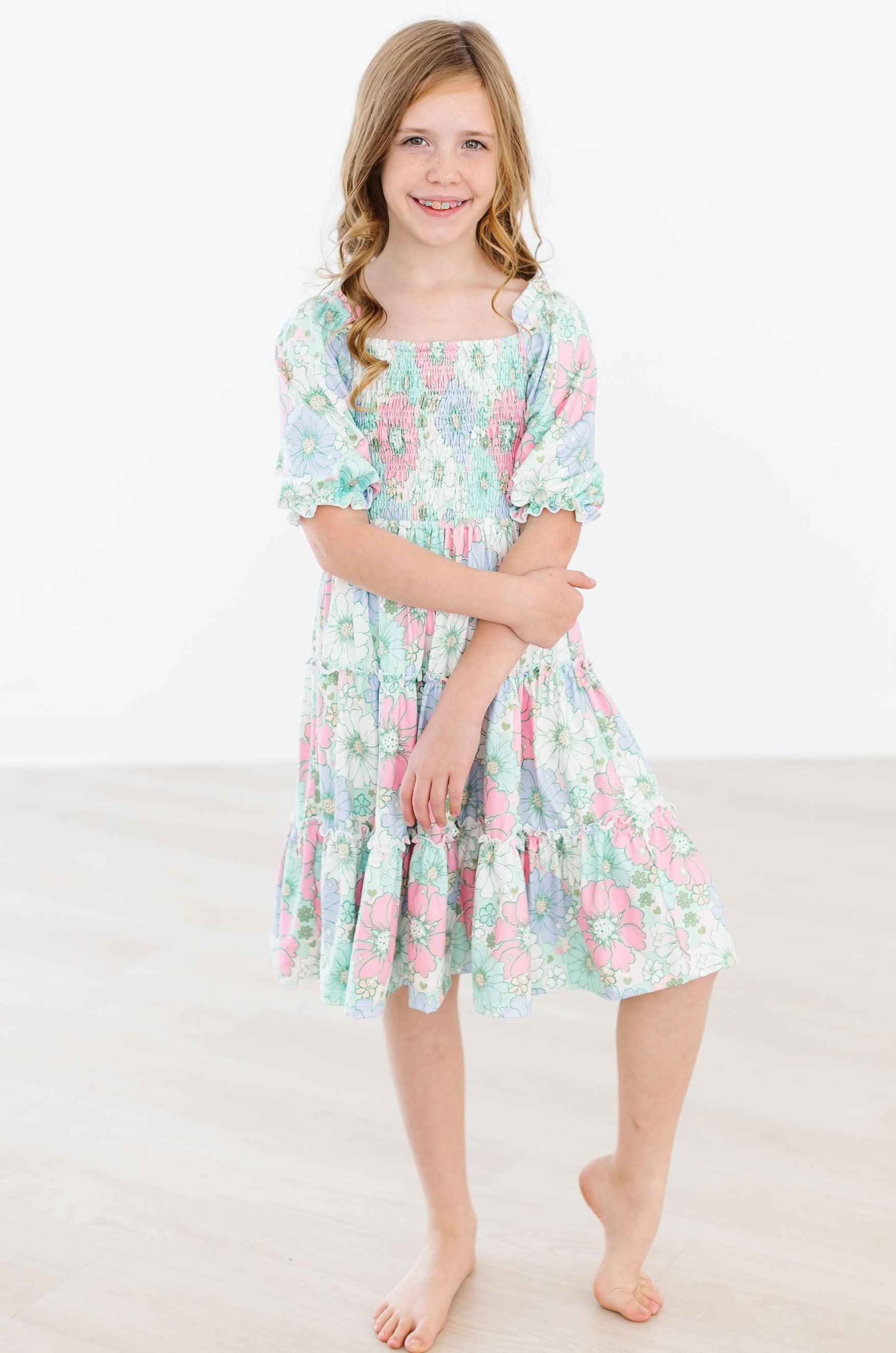 Minty Meadow Smocked Ruffle Dress for Girls | Floral Summer Party Dress | Perfect for Weddings, Easter & Special Occasions