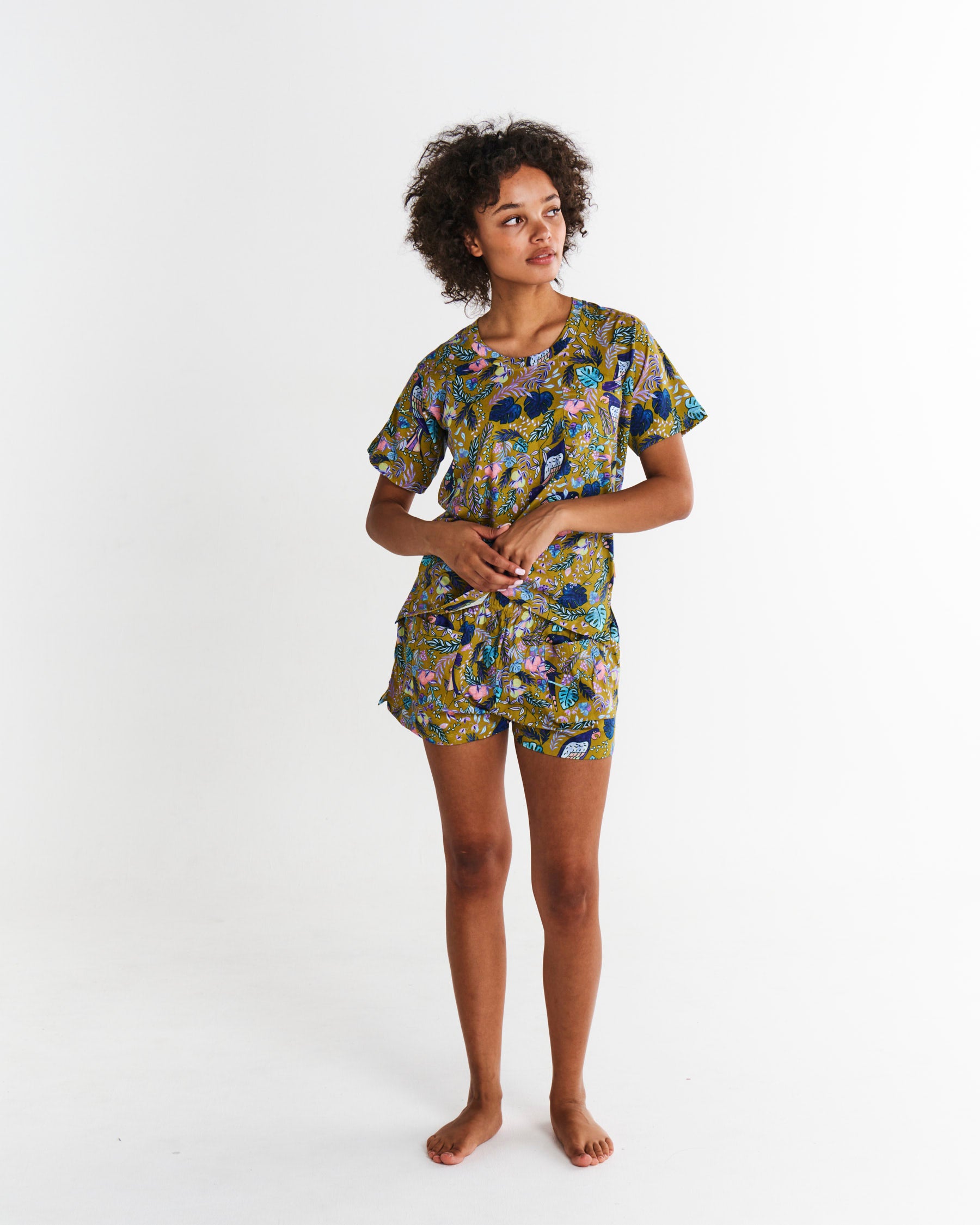 Birds of Paradise Organic Cotton Short Sleeve T-Shirt & Shorts Pajama Set - Soft Sleepwear for Women & Men - Perfect for Summer Nights & Lounge Wear