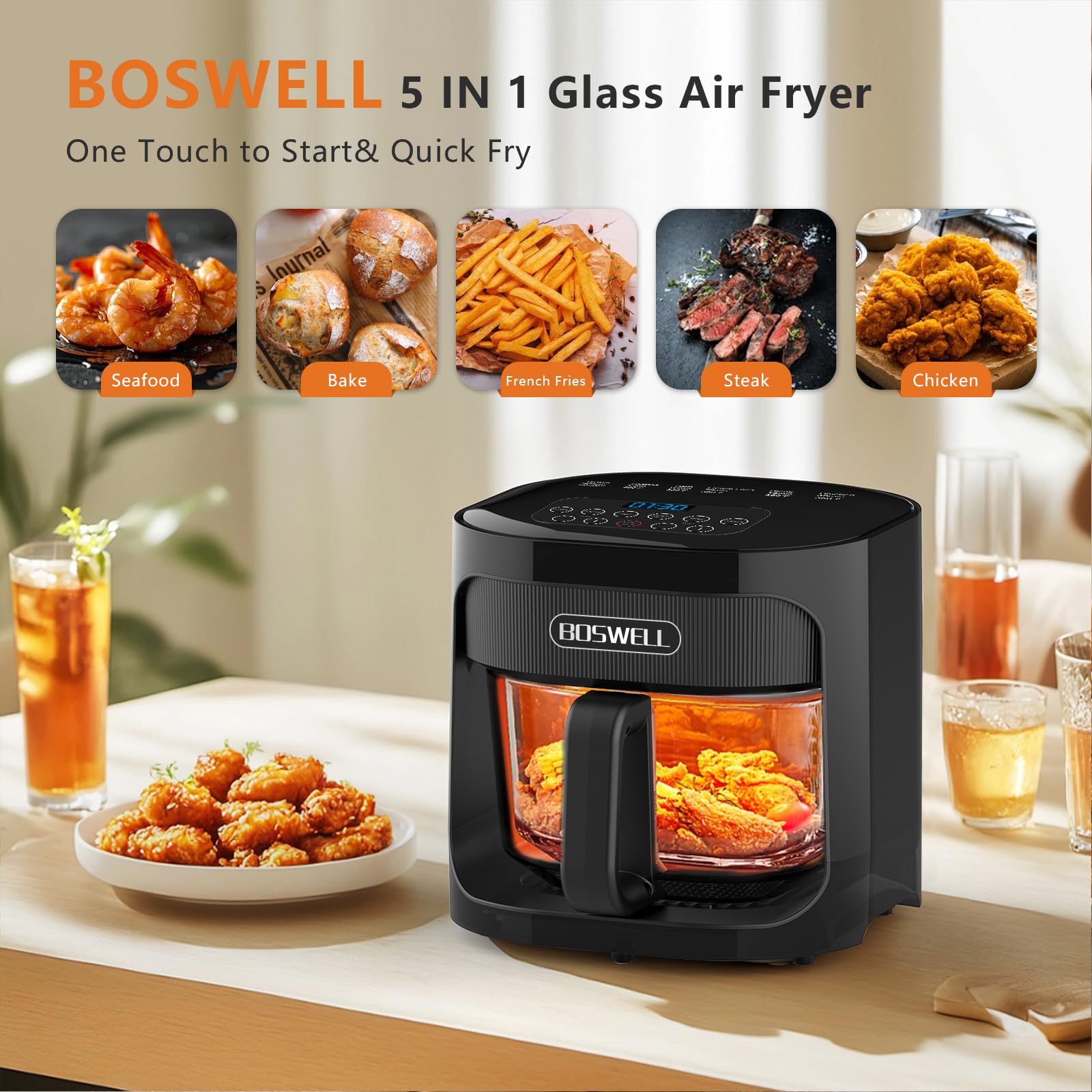 BOSWELL 4.5QT Glass Air Fryer with Transparent Bowl - Non-Toxic, Large Capacity, Circulating Heating & Temperature Control - Dishwasher Safe (Black) - Perfect for Healthy Cooking, Roasting, Baking & Frying at Home