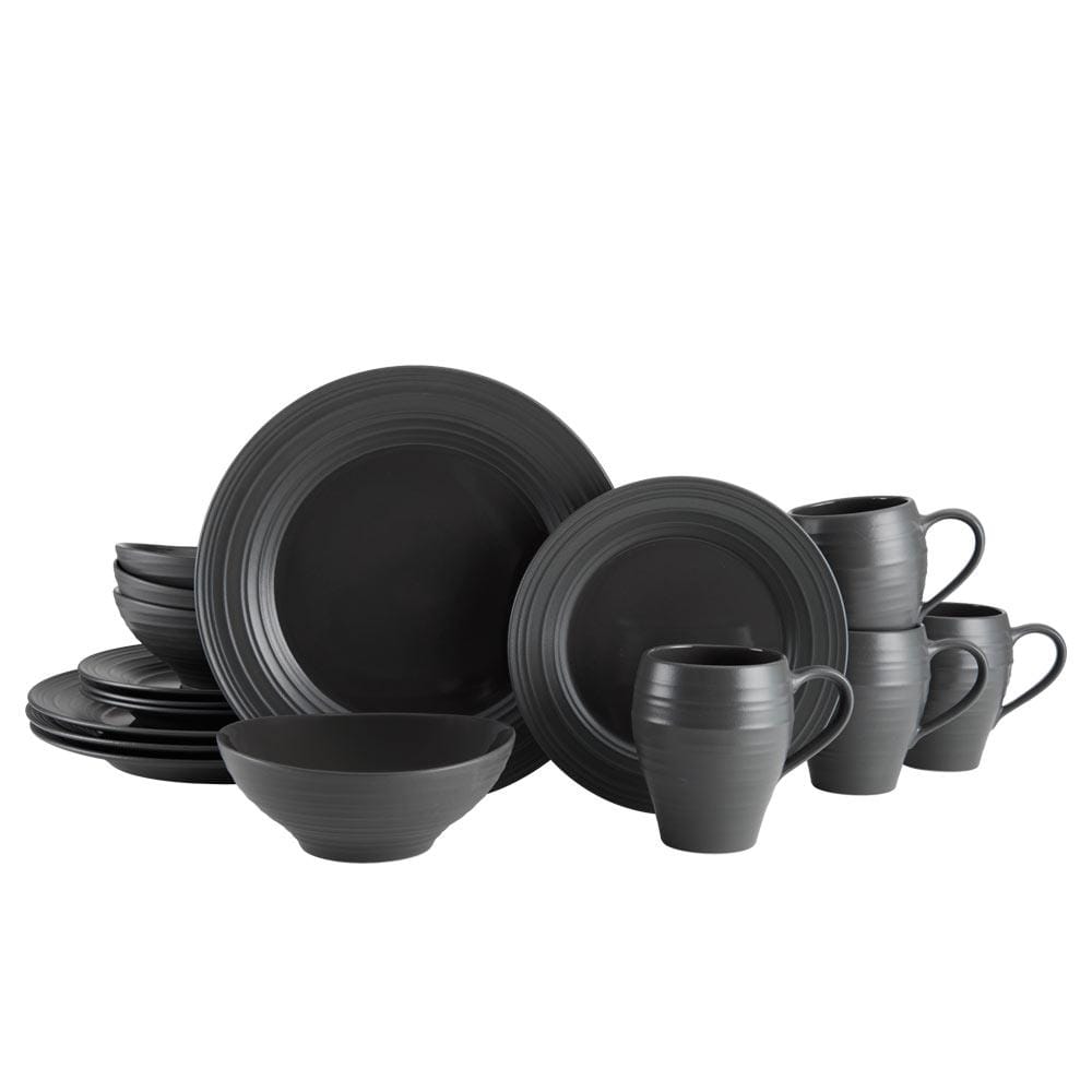 16-Piece Swirl Graphite Dinnerware Set - Service for 4, Modern Stoneware Plates Bowls & Mugs - Perfect for Family Dinners, Entertaining Guests & Everyday Use