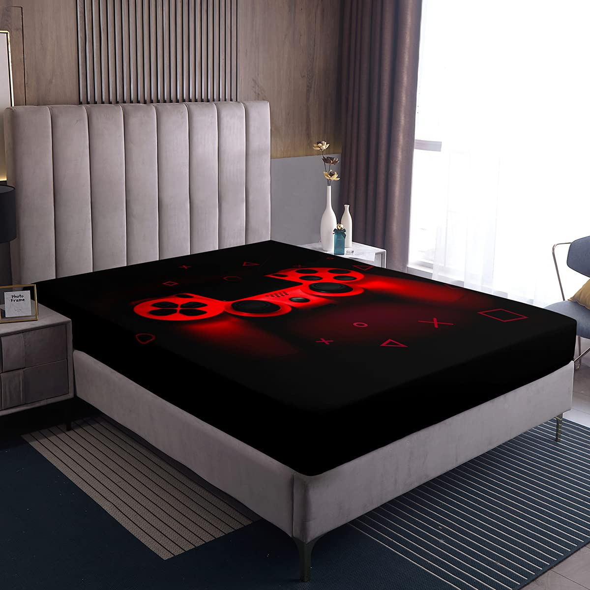 Cool Gaming Bedding Set for Boys & Girls - Twin Size Red Gamepad Printed Sheet Set with Fitted Sheet, Flat Sheet & Pillowcase - Perfect for Teen Game Room Decor, Video Game Themed Bedroom - Retro Black Design for Young Gamers