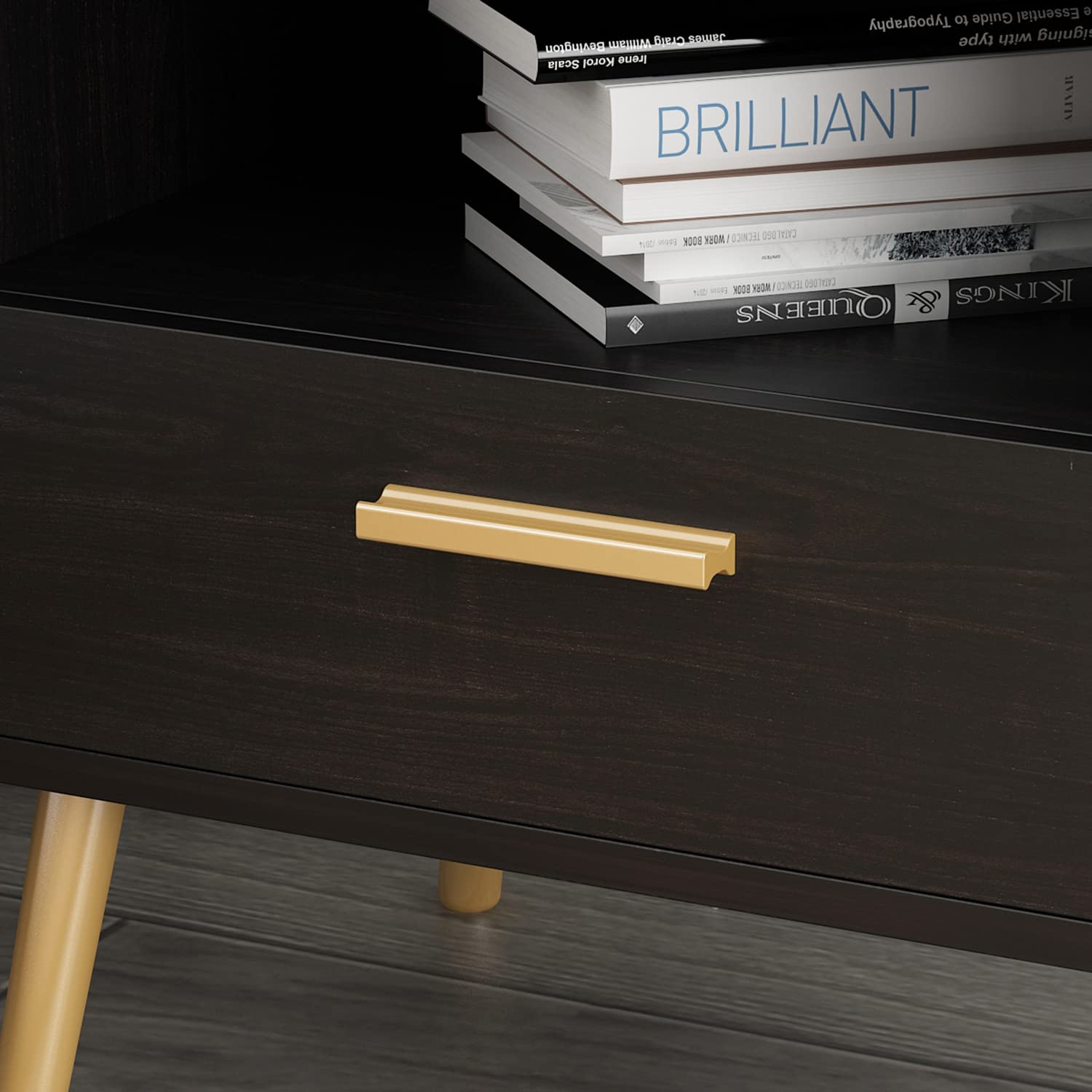 Modern Nightstand Set of 2 - Bedside Table with Drawer & Open Shelf, Gold Metal Legs End Table for Bedroom & Living Room, Black (19.5”L x 15.6”W x 20”H) - Perfect for Small Spaces, Apartment Decor & Guest Room Furniture