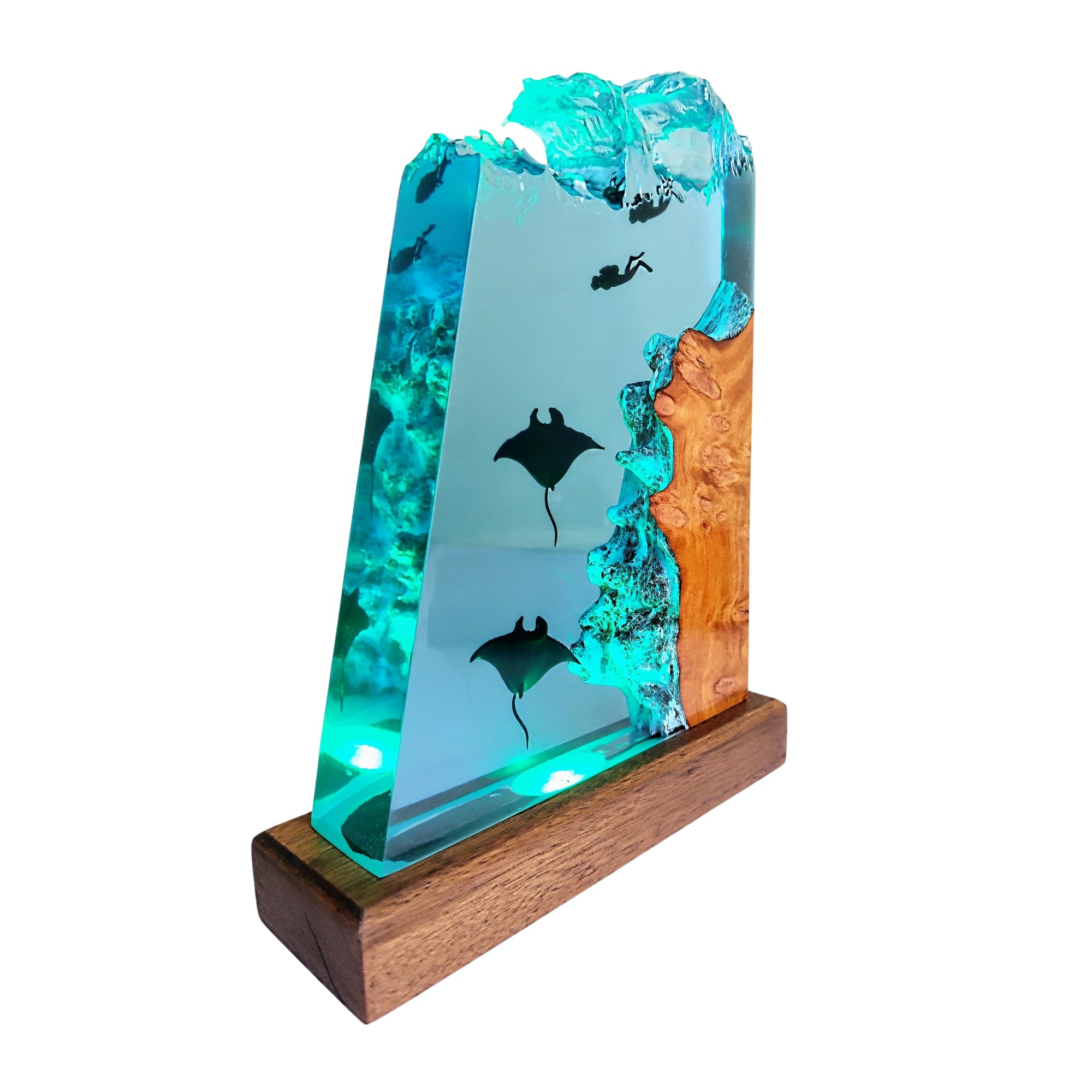 **Manta Ray and Diver Scuba Resin Wood Lamp – Deep Blue Sea Night Light, Ocean Theme Diorama Decor, Large Epoxy Resin Table Lamp for Bedroom, Living Room, Office – Unique Gift for Men & Women (12x6 Inches)**