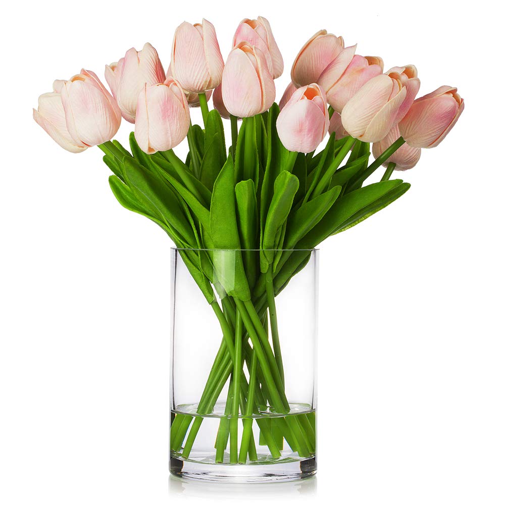 ENOVA HOME 20-Piece Real Touch Artificial Tulip Flowers in Glass Vase with Faux Water - Pink Silk Tulips Bouquet for Home Decor, Wedding Centerpieces & Office Desk Arrangement