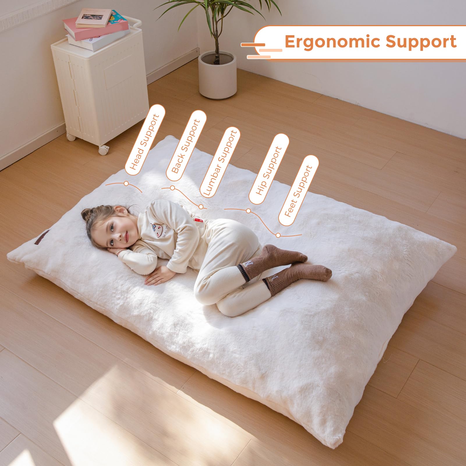 MAXYOYO 3-in-1 Kids Bean Bag Chair Bed - Soft Faux Fur Floor Sofa for Children, Gaming, Reading & Nap Time - Cozy Beige Lounge Chair for Bedroom, Playroom & Dorm Room