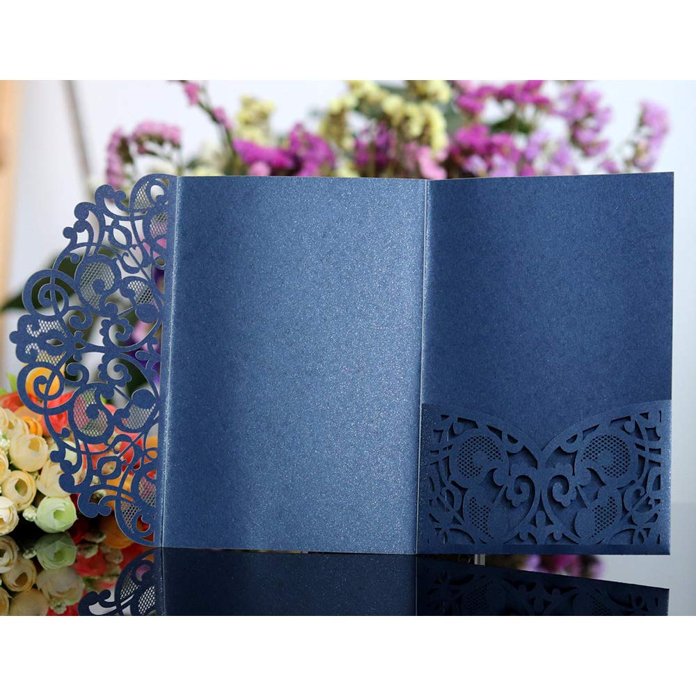 Elegant Lace Flower Hollow Out Wedding Invitation Cards with Blank Inner Sheets - 10 Sets Navy Blue for Wedding, Bridal Shower, Engagement, Birthday & Baby Shower - Perfect for DIY Invitations and Special Events