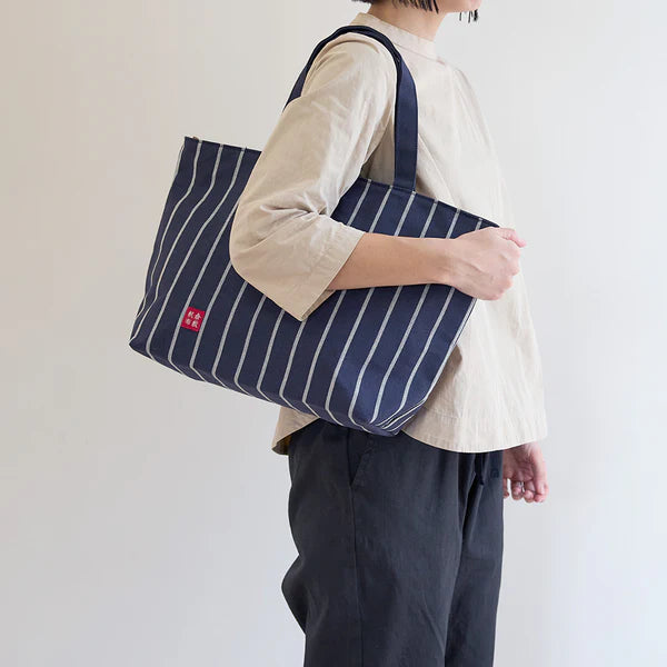 Kurashiki Hampu Japanese Canvas Tote Bag - Navy Blue Striped Pattern with Zipper | Stylish & Durable for Work, Travel & Shopping