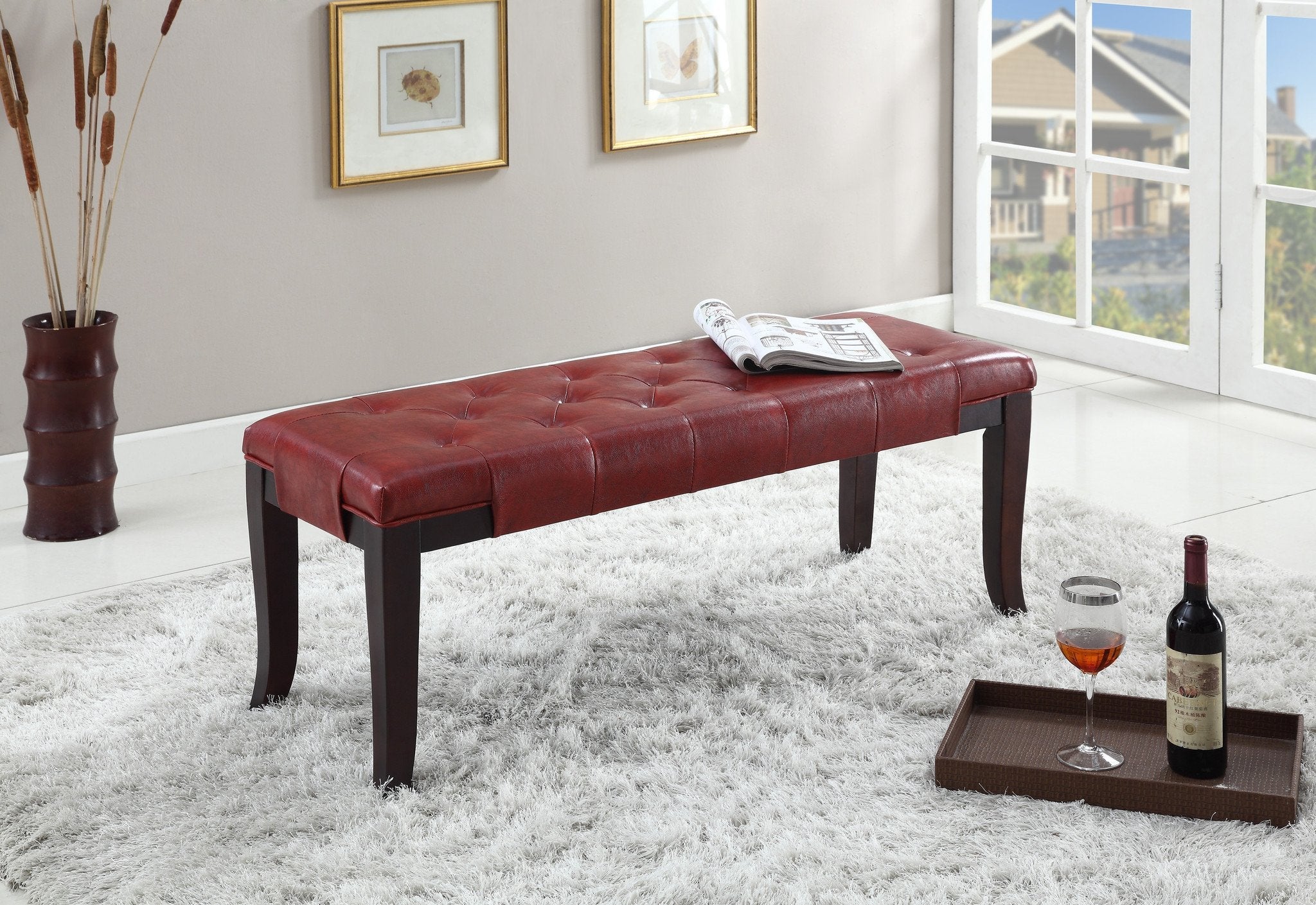 Roundhill Furniture Linon Leather Tufted Bench with Nailhead Trim - Red Upholstered Storage Ottoman for Bedroom, Living Room & Entryway - Comfortable Seating & Stylish Home Decor