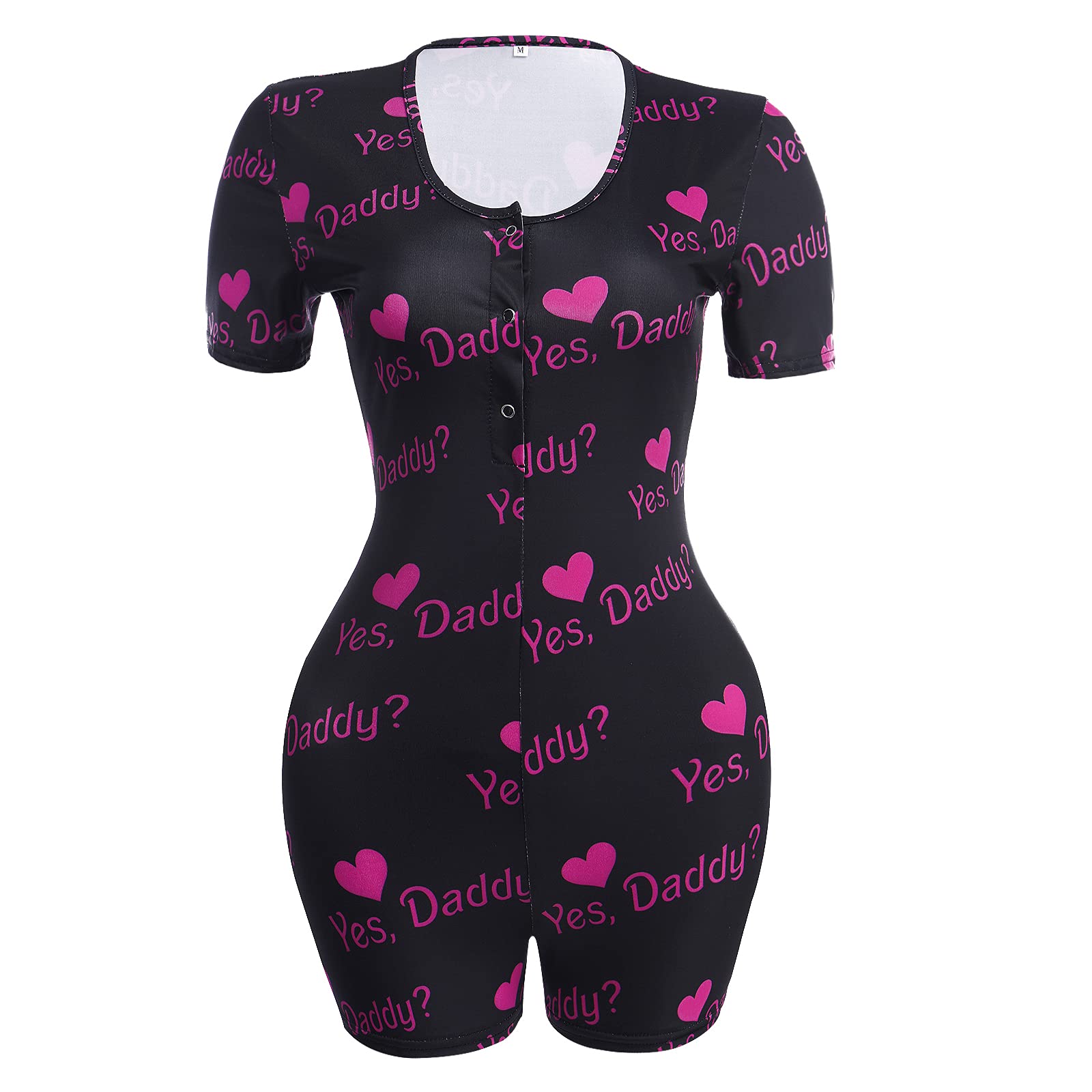 IMEKIS Women's Sexy Pajama Romper - Deep V Neck One Piece Bodysuit with Cute Print, Bodycon Jumpsuit Overall for Valentine's Day, Date Night & Sleepwear