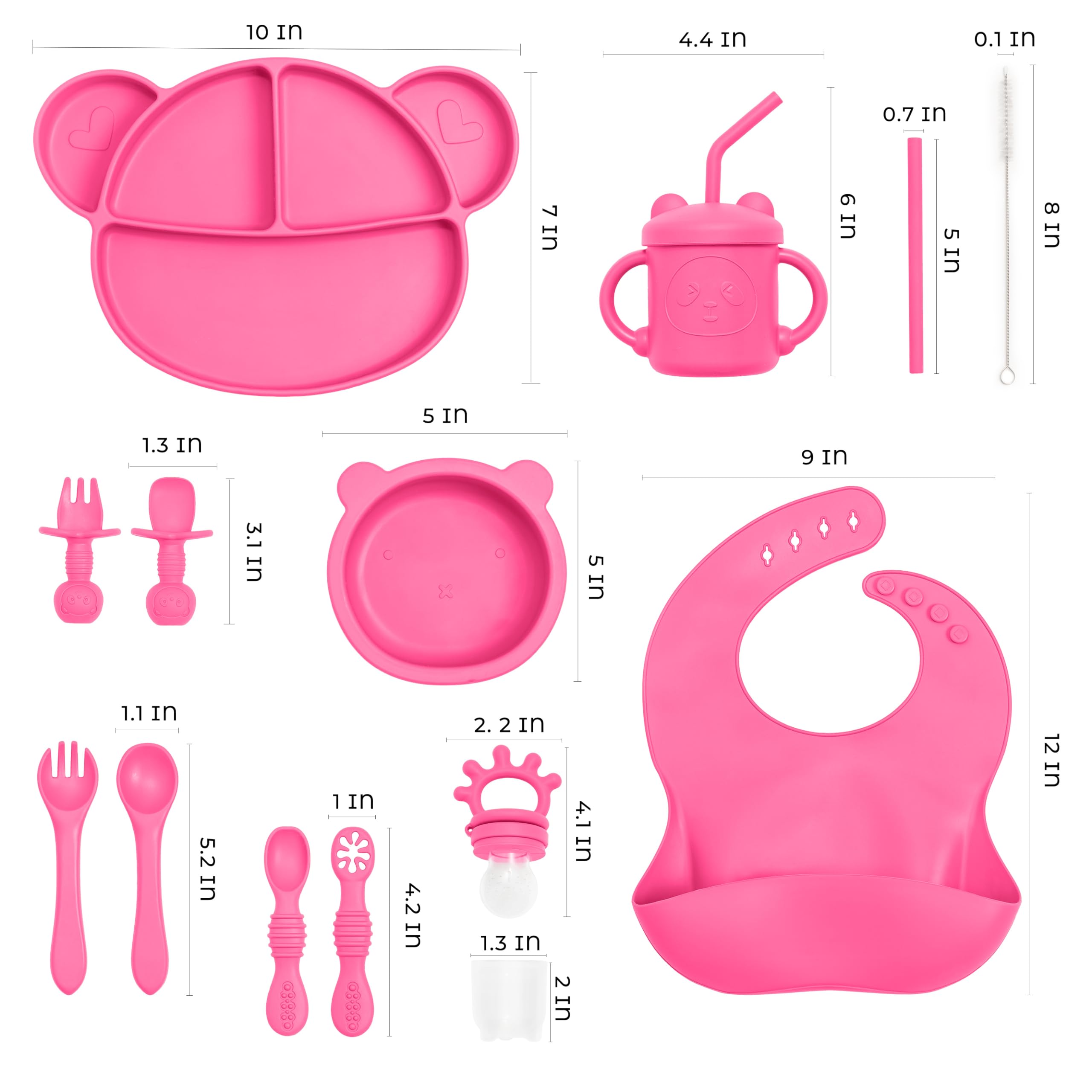 Complete Silicone Baby Led Weaning Set - 15-Piece Animal-Themed Toddler Feeding Essentials with Bib, Suction Plate, Bowl, Forks, Spoons, Sippy Cup & Straws - BPA-Free, Dishwasher Safe - Perfect for First Foods, Self-Feeding & Mess-Free Mealtime - Cheeky Pink