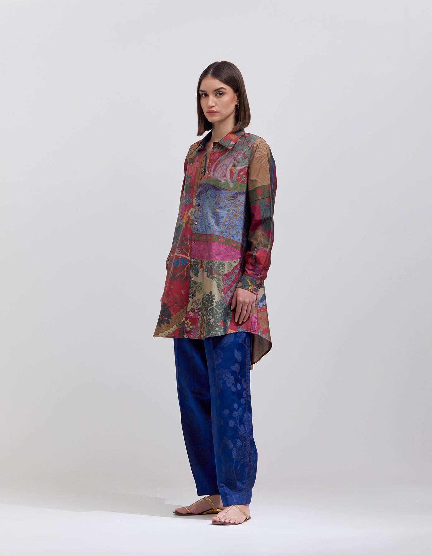 Elegant Silk Damask Bottom Pleat Trousers in Ink Blue - Perfect for Office Wear & Formal Occasions