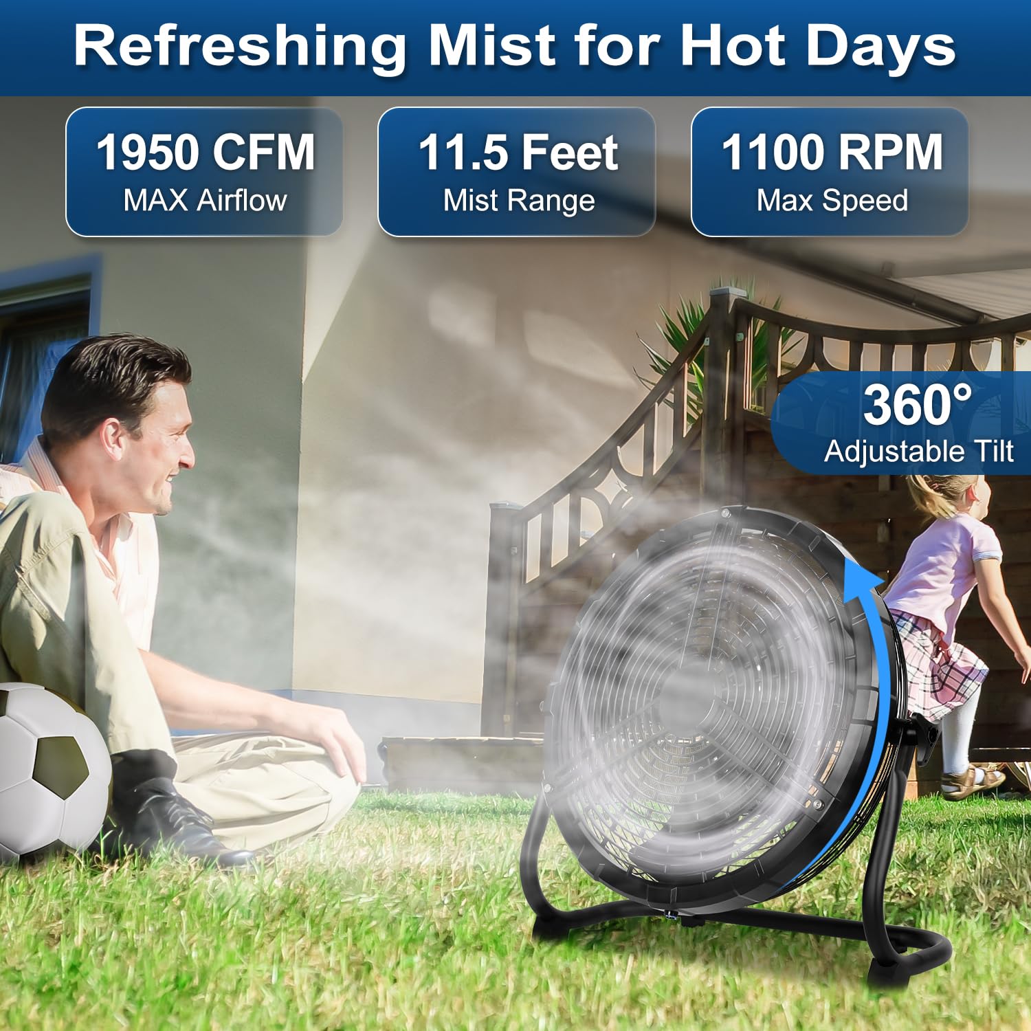 BILT HARD 16 Inch Outdoor Portable Misting Fan with 15600mAh Detachable Battery - Rechargeable Floor Fan for Patio, Camping, Travel, Backyard, BBQ & Outdoor Activities | Cooling Fan for Hot Weather