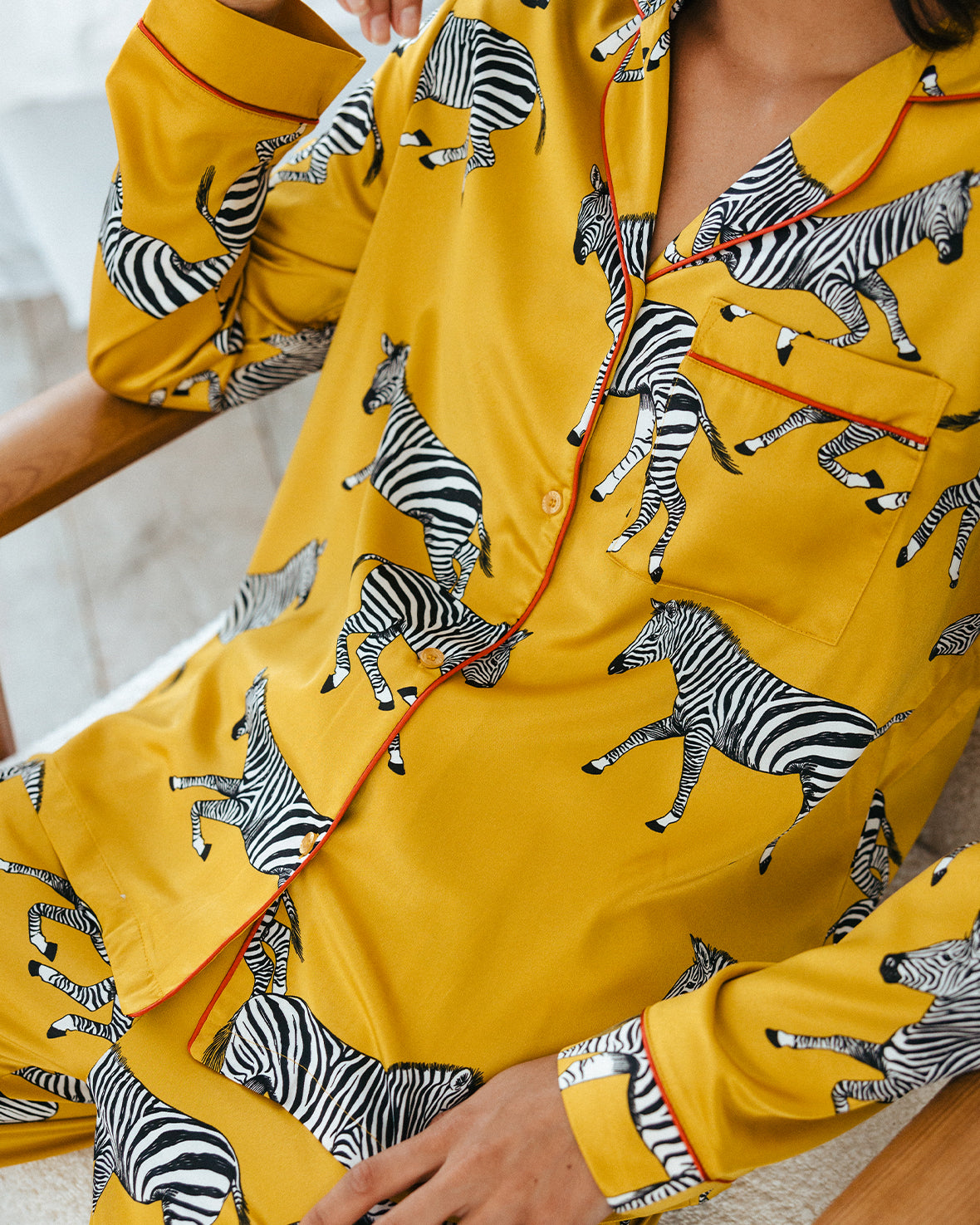 Satin Zebra Print Long Pajama Set for Women - Mustard Yellow Sleepwear, Comfortable Loungewear for Relaxing at Home