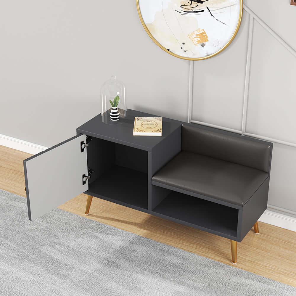 Modern White Upholstered Shoe Storage Bench with Cabinet & Shelf - Entryway Organizer for Hallway, Bedroom or Closet - Perfect for Small Spaces & Home Decor