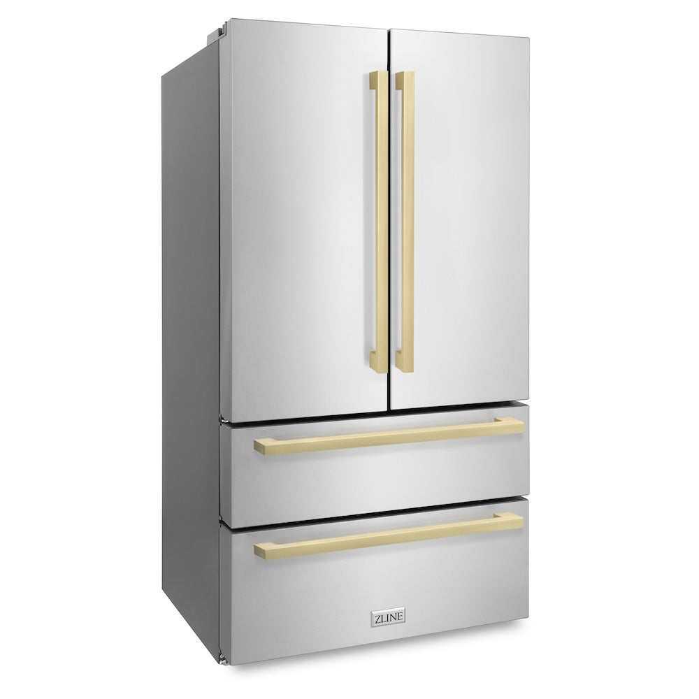 ZLINE Autograph Edition 36 Inch Counter Depth French Door Refrigerator - 22.5 cu ft Capacity with Built-In Ice Maker, Fingerprint Resistant Stainless Steel & Champagne Bronze Handles (RFMZ 36 FCB) - Perfect for Modern Kitchens and Open-Concept Homes