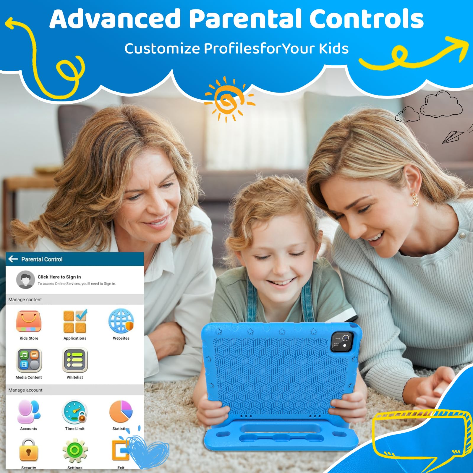 10 Inch Kids Tablet with Android 13 | 6GB RAM 64GB ROM | Bluetooth, WiFi, GMS | Parental Control & Shockproof Case | Educational Learning & Games Tablet for Toddlers (Blue) - Perfect for Homeschooling, Travel Entertainment & Early Childhood Development