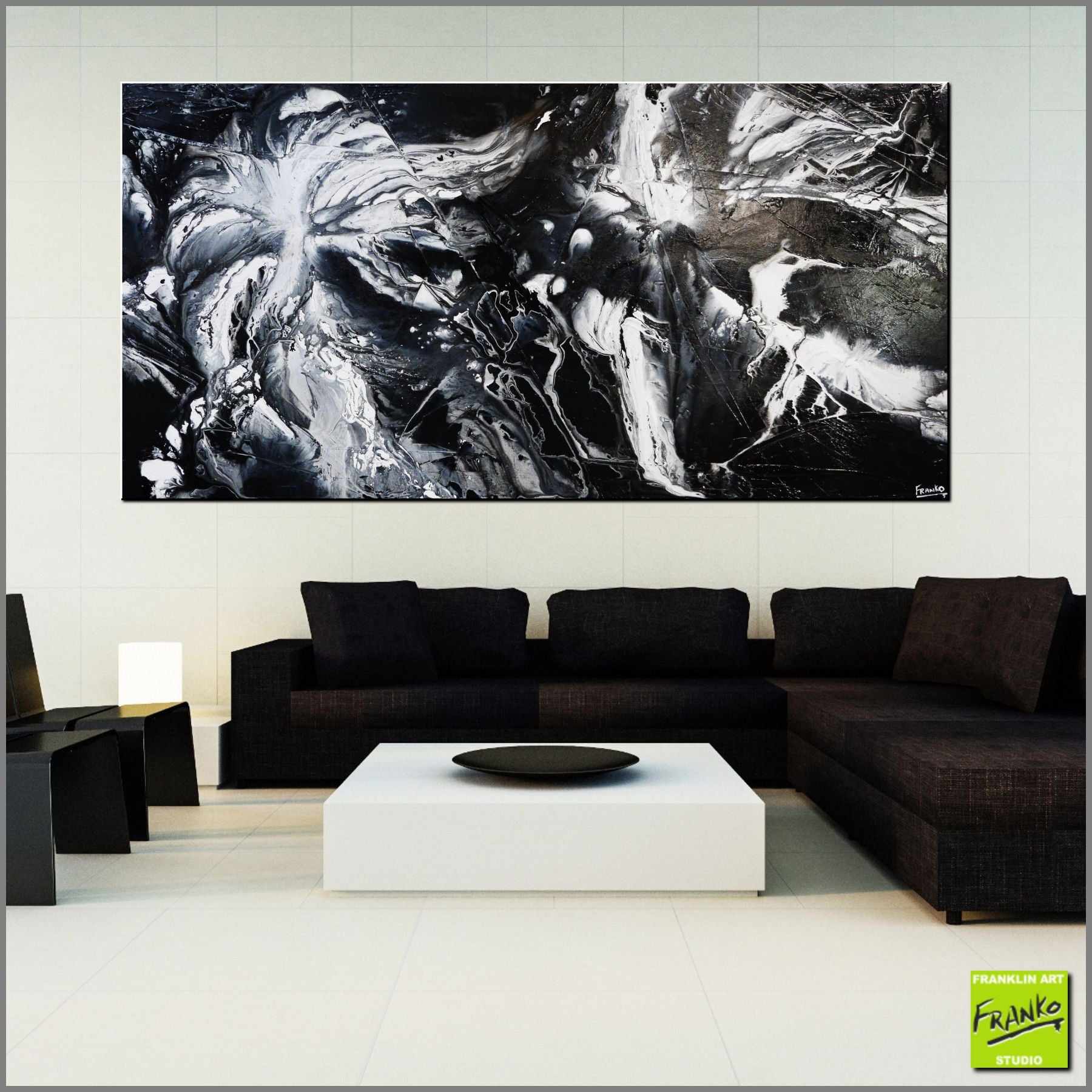 240cm x 120cm White Black Textured Abstract Canvas Painting - Modern Wall Art for Living Room, Bedroom & Office Decor