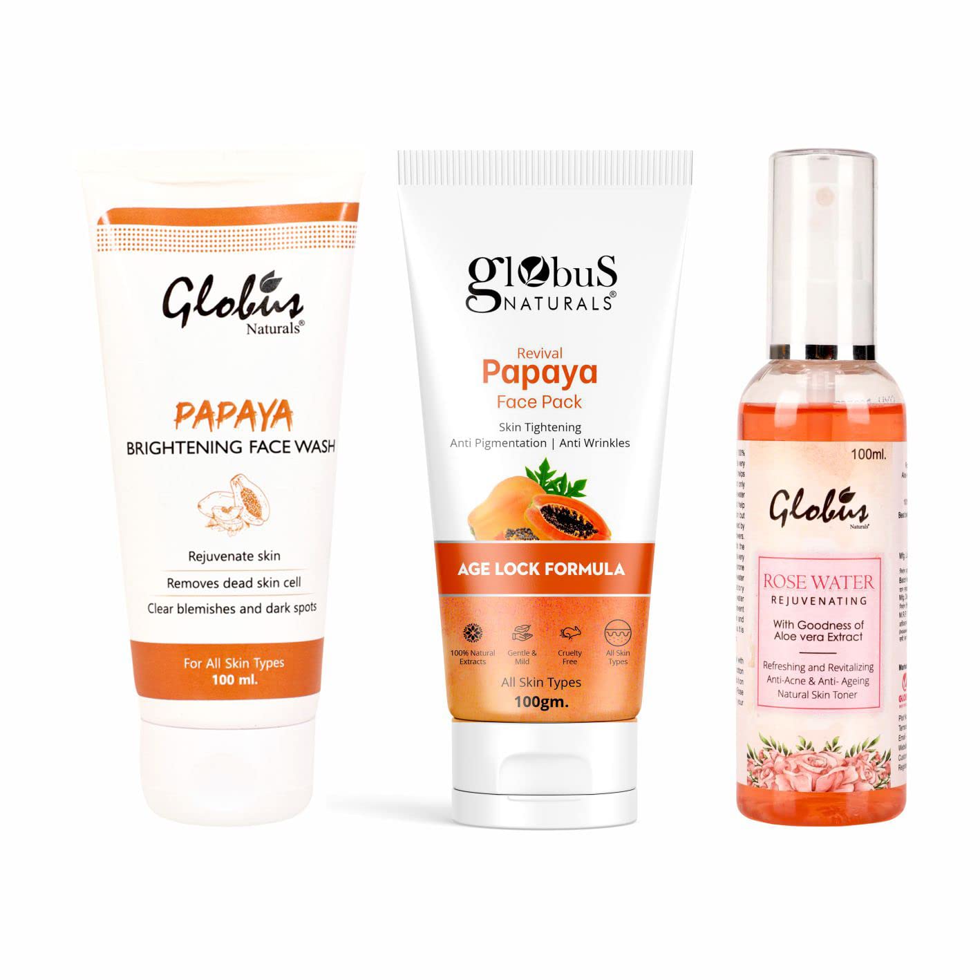 Globus Naturals Tan Removal Kit - Papaya Face Wash 100gm, Papaya Face Pack 100gm & Rose Water Toner 100ml for Brightening & Glowing Skin | Perfect for Daily Skincare Routine & Summer Tan Removal