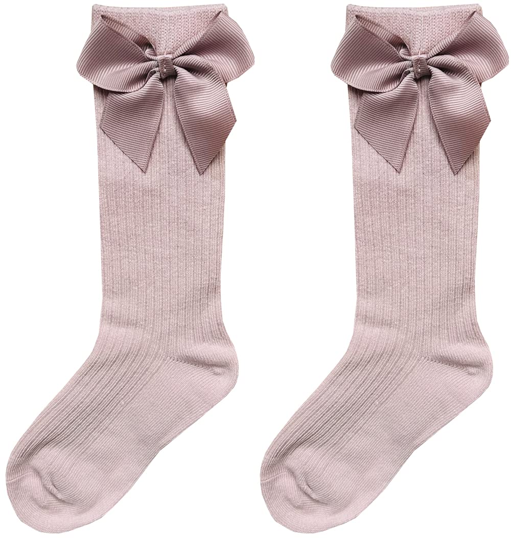 Little Girls' Knee High Socks with Bow Stitching - 6 Pack Cotton Dress & Casual Long Stockings for School, Party, and Everyday Wear (6 Colors)