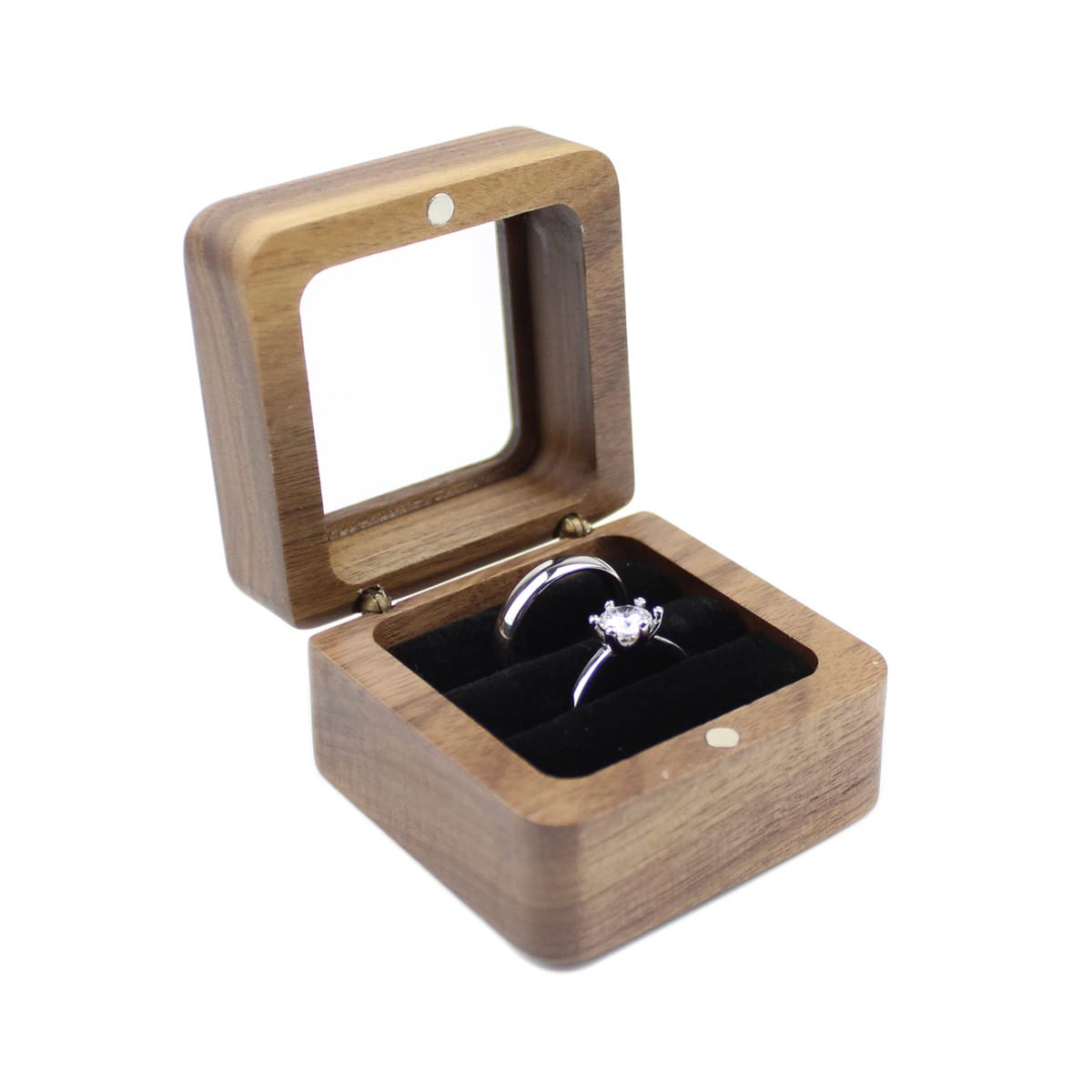 Rustic Square Wooden Jewelry Ring Box with Clear Lid - Engagement Wedding Ring Holder for Couples (2 Slots, Black Velvet) - Perfect for Proposals, Anniversaries & Gift Giving