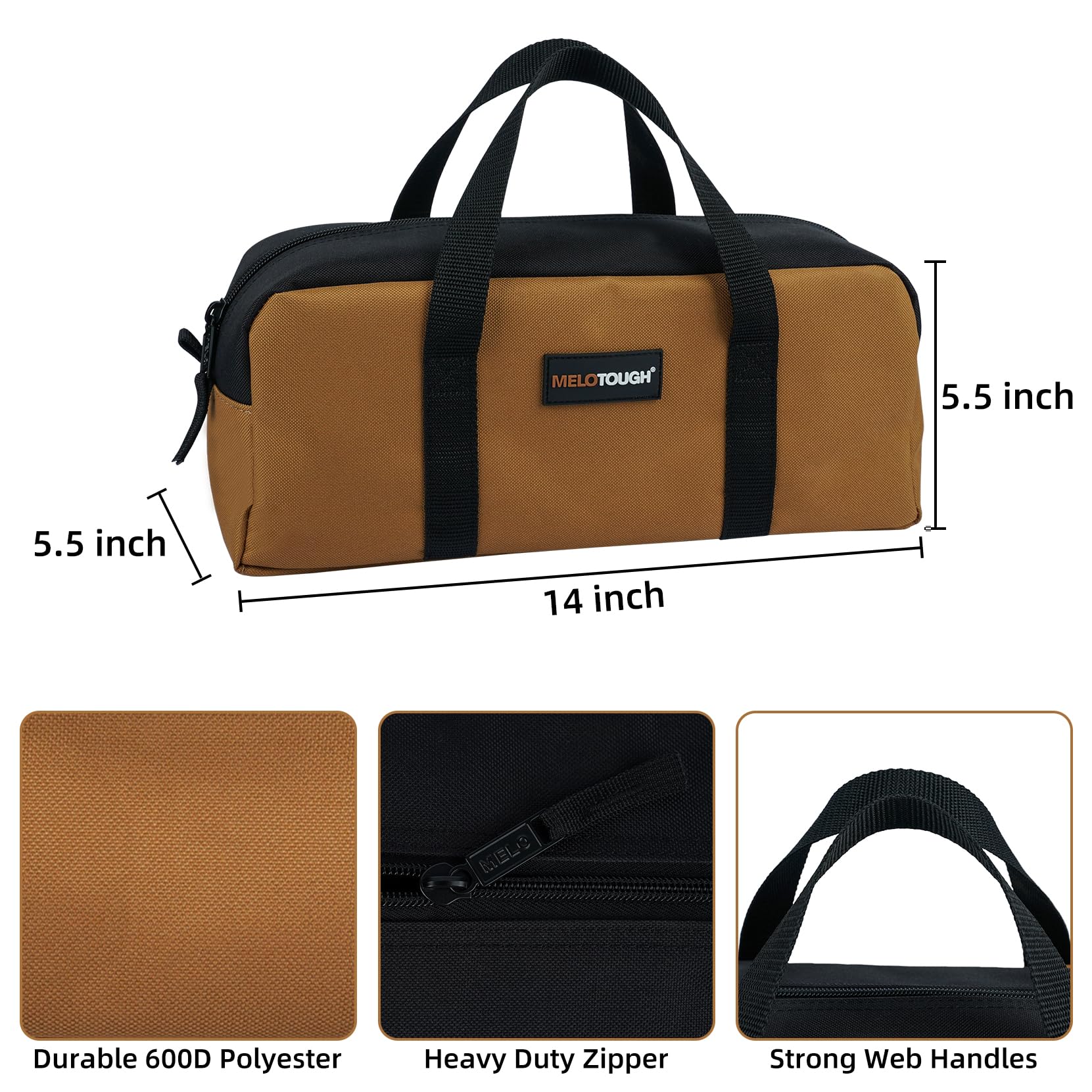 **MELOTOUGH 14 Inch Heavy Duty Canvas Tool Tote Bag with Zipper – Durable Portable Tool Organizer for Electricians, HVAC, Carpenters, Mechanics & Plumbers (Tan) – Perfect for Worksites, Home Repairs & DIY Projects**