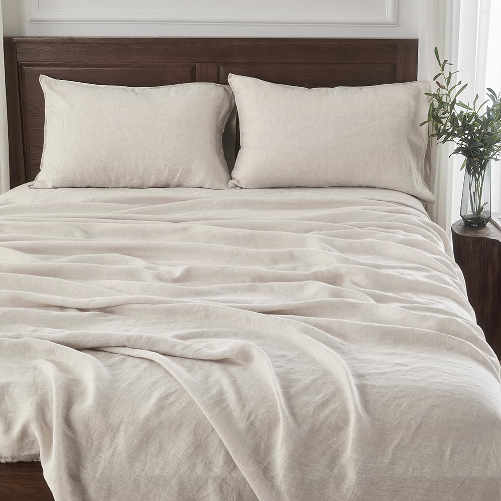 Premium 100% Organic French Linen Bed Sheet Set - Stone Washed Flax 4 Piece (1 Flat Sheet, 1 Fitted Sheet, 2 Pillow Cases) - California King Size - Natural Linen Fabric - Breathable & Eco-Friendly Bedding for Luxury Hotels & Home Master Bedrooms