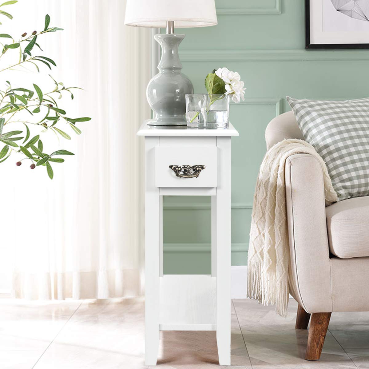 Tangkula Slim Narrow End Table with Drawer & Open Shelf - Small Space-Saving Side Table for Living Room, Bedroom, Nightstand - 9.8 x 23.6 x 23.6 Inches (White) - Perfect for Apartments, Dorms & Tight Spaces